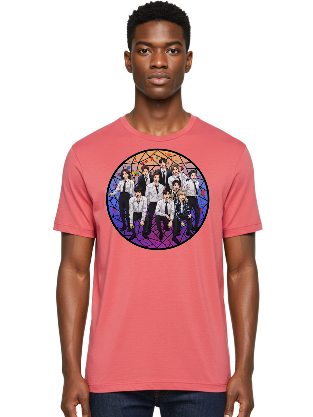 Bts-Group-Portrait Men'S Graphic Tee, 100% Cotton, Comfortable Casual Summer Wear, Machine Washable, K-Pop Group, Bts Members, Stained Glass Art, Formal Attire, White Shirts, Black Ties, K-Pop Fashion, Group Portrait, Colorful Background, Bab697