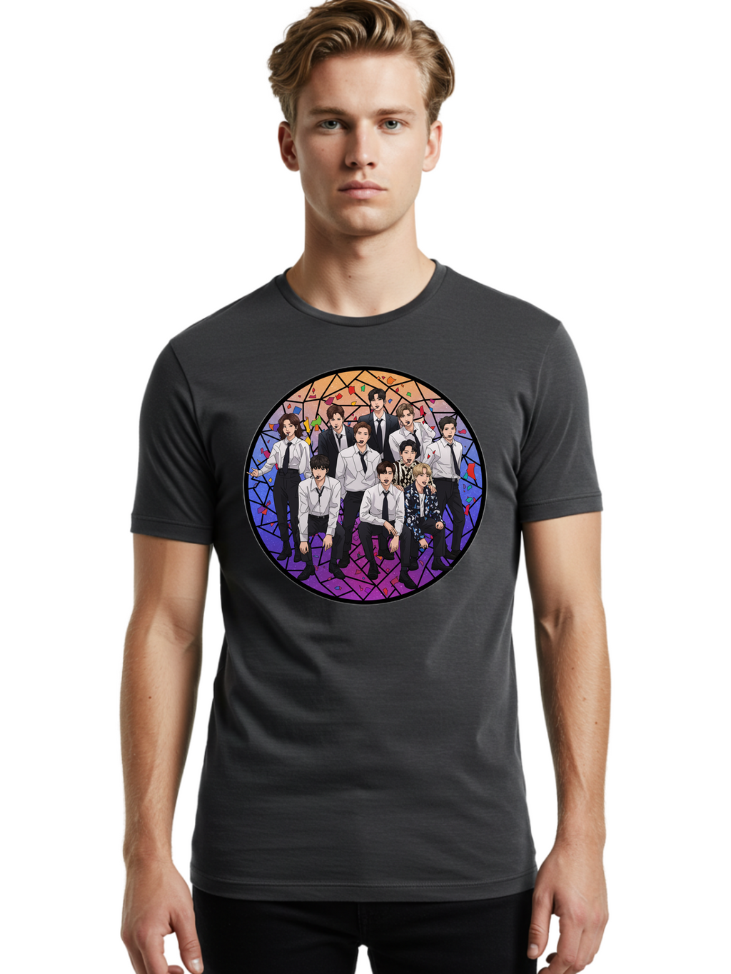 Bts-Group-Portrait Men'S Graphic Tee, 100% Cotton, Comfortable Casual Summer Wear, Machine Washable, K-Pop Group, Bts Members, Stained Glass Art, Formal Attire, White Shirts, Black Ties, K-Pop Fashion, Group Portrait, Colorful Background, Bab697
