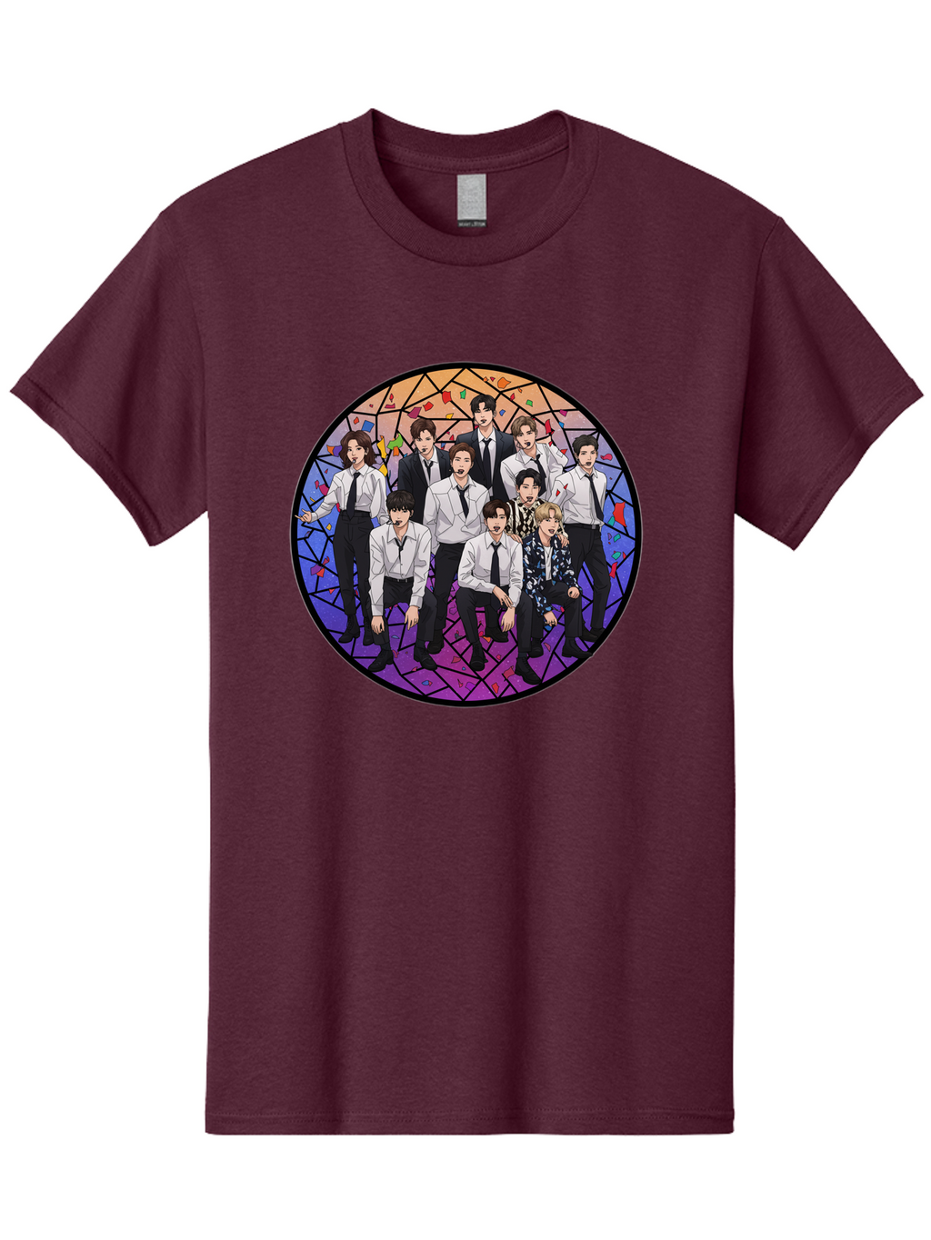Bts-Group-Portrait Men'S Graphic Tee, 100% Cotton, Comfortable Casual Summer Wear, Machine Washable, K-Pop Group, Bts Members, Stained Glass Art, Formal Attire, White Shirts, Black Ties, K-Pop Fashion, Group Portrait, Colorful Background, Bab697
