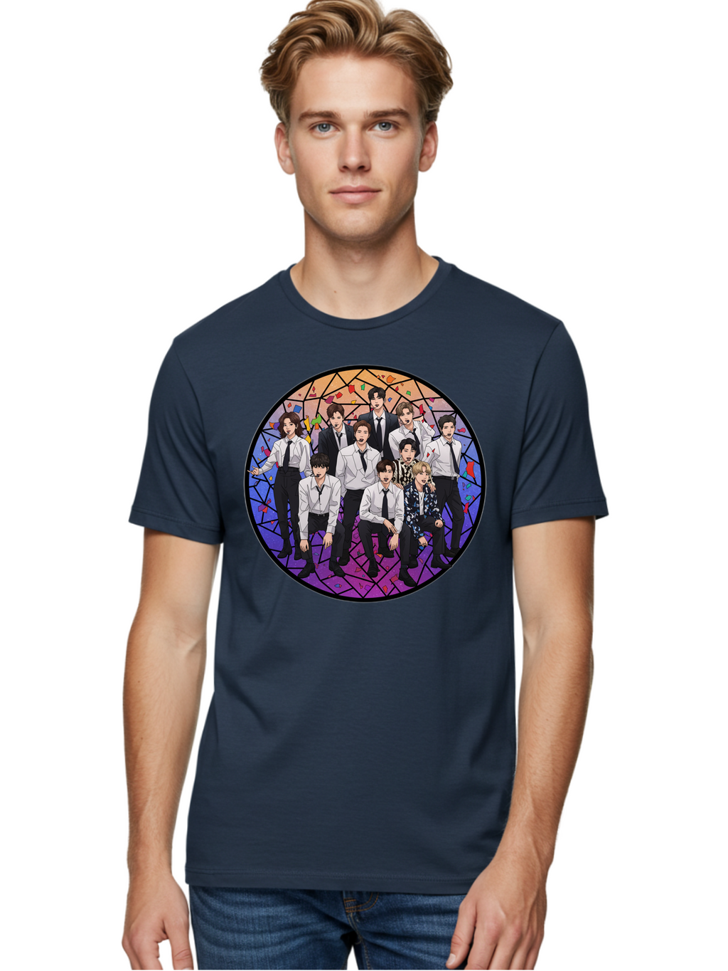 Bts-Group-Portrait Men'S Graphic Tee, 100% Cotton, Comfortable Casual Summer Wear, Machine Washable, K-Pop Group, Bts Members, Stained Glass Art, Formal Attire, White Shirts, Black Ties, K-Pop Fashion, Group Portrait, Colorful Background, Bab697