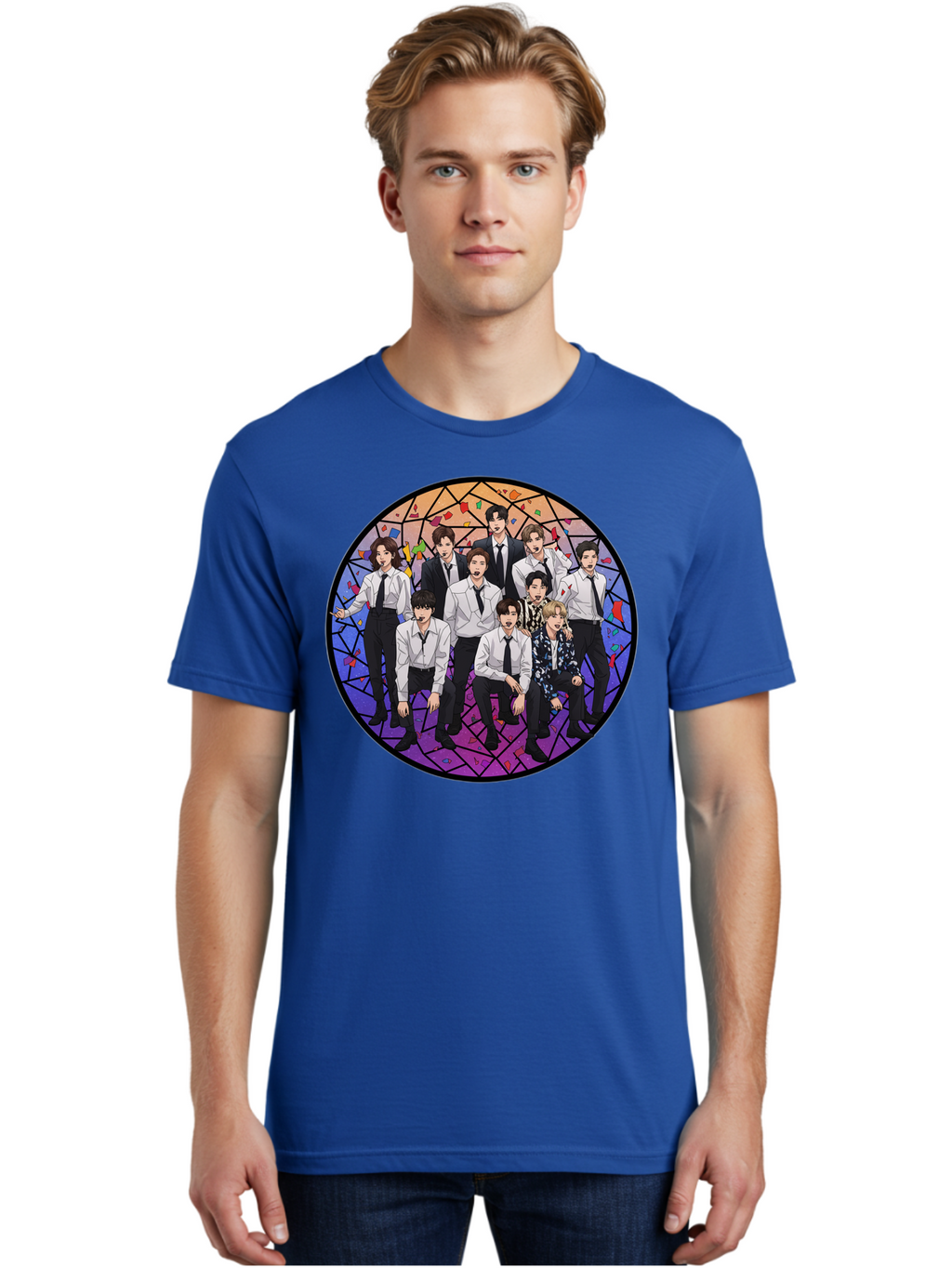 Bts-Group-Portrait Men'S Graphic Tee, 100% Cotton, Comfortable Casual Summer Wear, Machine Washable, K-Pop Group, Bts Members, Stained Glass Art, Formal Attire, White Shirts, Black Ties, K-Pop Fashion, Group Portrait, Colorful Background, Bab697