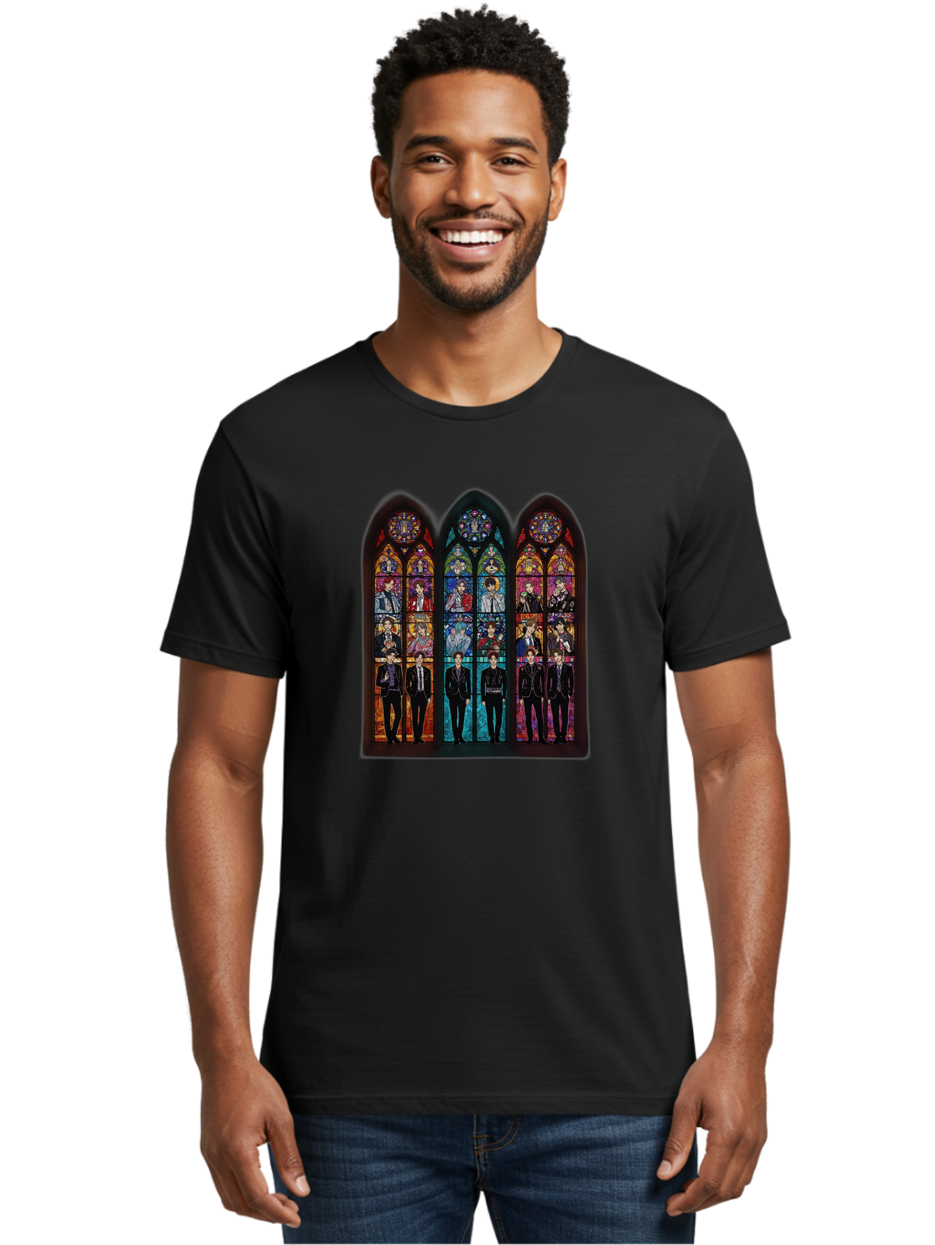 Bts-Stained-Glass Men'S Graphic Tee, 100% Cotton, Comfortable Casual Summer Wear, Machine Washable, Bts Members In Stained Glass, Vibrant Colors, Gothic Architecture, Religious Art, K-Pop, Boy Band, Stained Glass Window, Colorful Illustration, Bab698