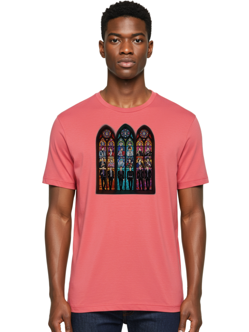 Bts-Stained-Glass Men'S Graphic Tee, 100% Cotton, Comfortable Casual Summer Wear, Machine Washable, Bts Members In Stained Glass, Vibrant Colors, Gothic Architecture, Religious Art, K-Pop, Boy Band, Stained Glass Window, Colorful Illustration, Bab698