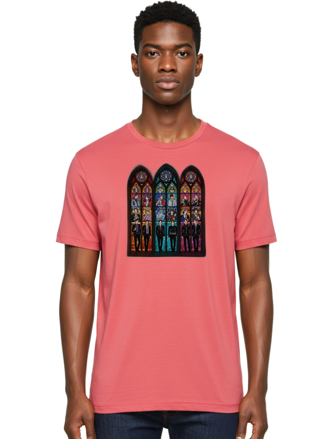 Bts-Stained-Glass Men'S Graphic Tee, 100% Cotton, Comfortable Casual Summer Wear, Machine Washable, Bts Members In Stained Glass, Vibrant Colors, Gothic Architecture, Religious Art, K-Pop, Boy Band, Stained Glass Window, Colorful Illustration, Bab698