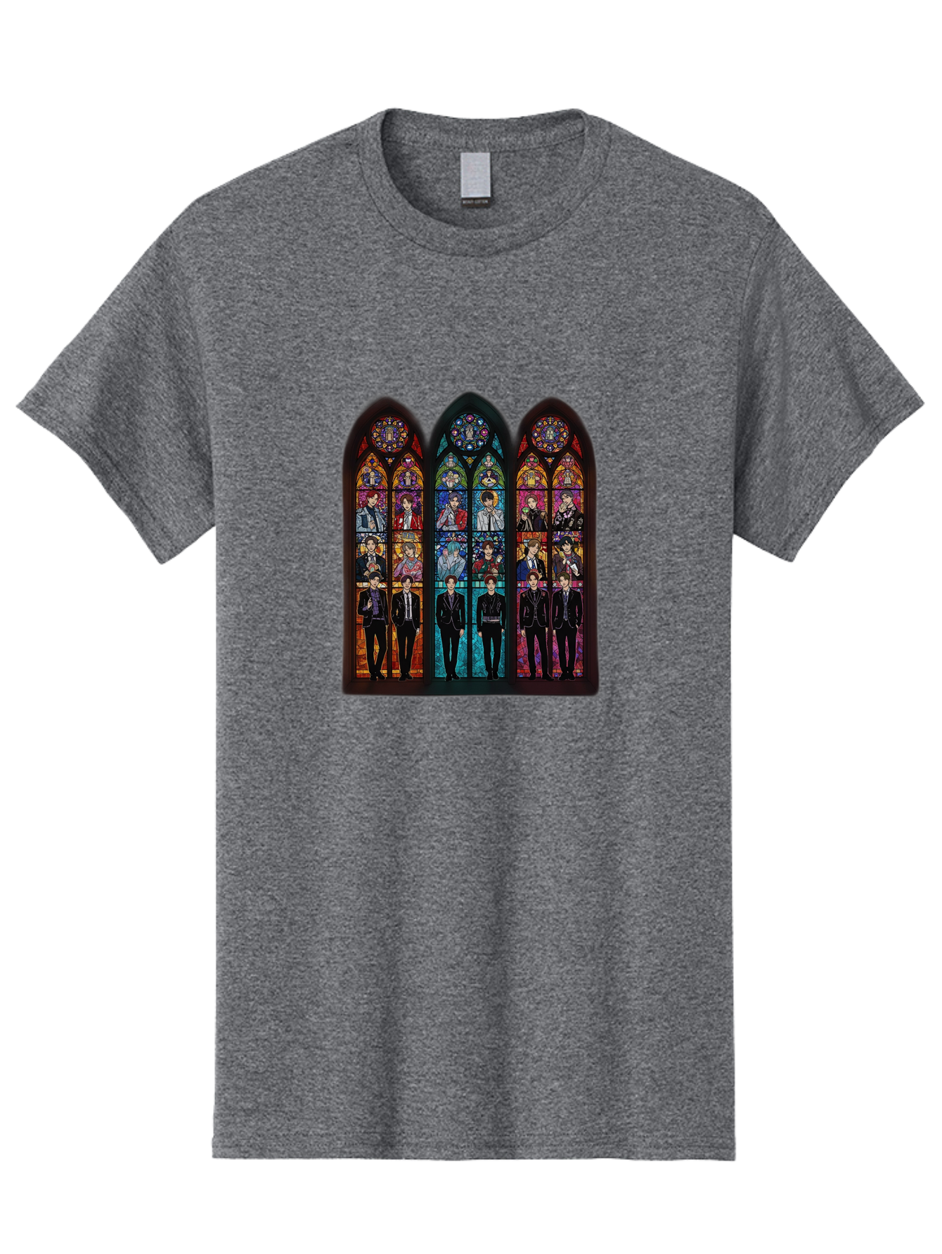 Bts-Stained-Glass Men'S Graphic Tee, 100% Cotton, Comfortable Casual Summer Wear, Machine Washable, Bts Members In Stained Glass, Vibrant Colors, Gothic Architecture, Religious Art, K-Pop, Boy Band, Stained Glass Window, Colorful Illustration, Bab698