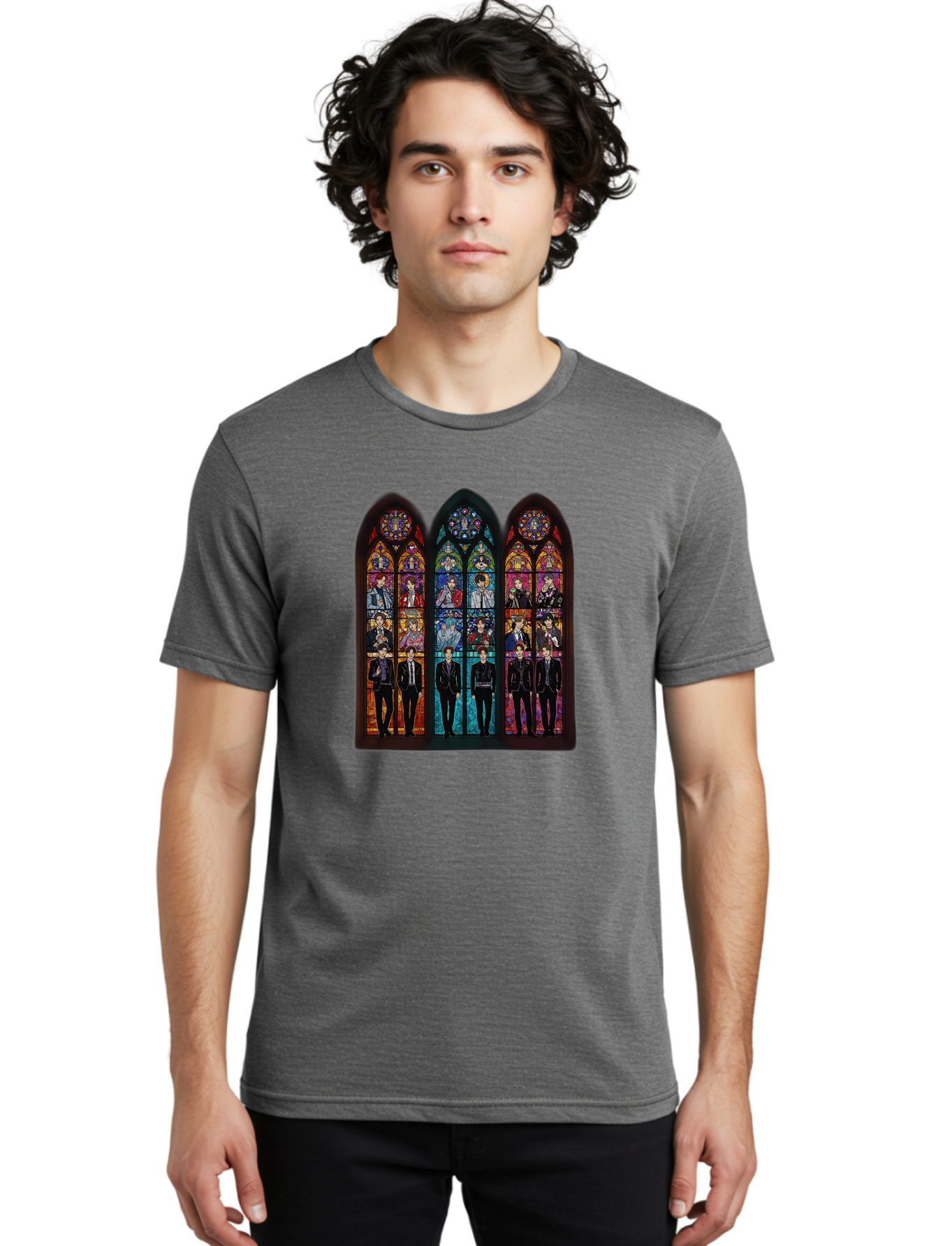 Bts-Stained-Glass Men'S Graphic Tee, 100% Cotton, Comfortable Casual Summer Wear, Machine Washable, Bts Members In Stained Glass, Vibrant Colors, Gothic Architecture, Religious Art, K-Pop, Boy Band, Stained Glass Window, Colorful Illustration, Bab698