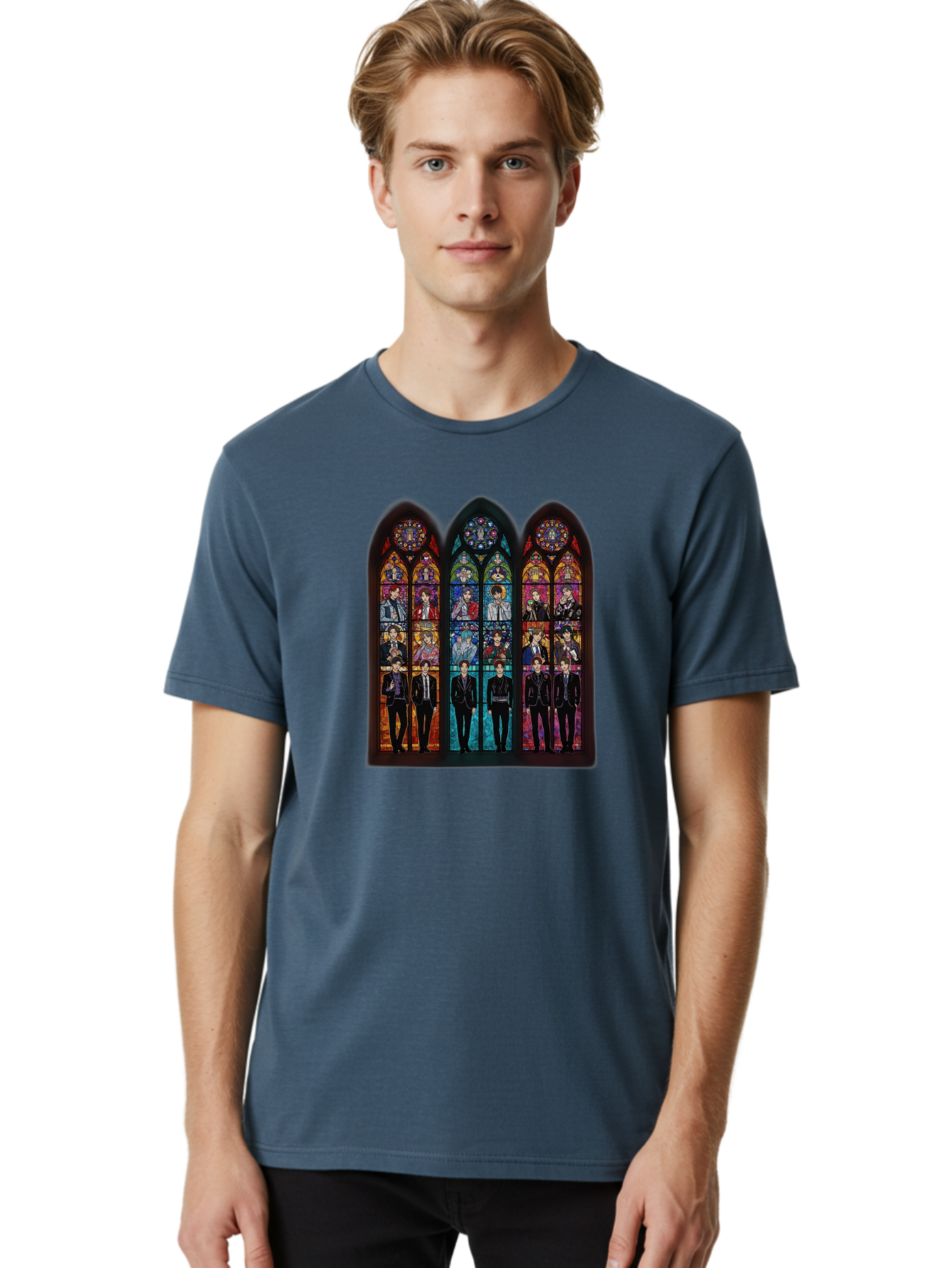 Bts-Stained-Glass Men'S Graphic Tee, 100% Cotton, Comfortable Casual Summer Wear, Machine Washable, Bts Members In Stained Glass, Vibrant Colors, Gothic Architecture, Religious Art, K-Pop, Boy Band, Stained Glass Window, Colorful Illustration, Bab698