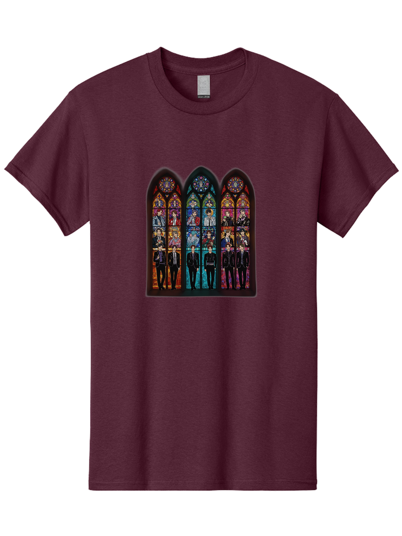 Bts-Stained-Glass Men'S Graphic Tee, 100% Cotton, Comfortable Casual Summer Wear, Machine Washable, Bts Members In Stained Glass, Vibrant Colors, Gothic Architecture, Religious Art, K-Pop, Boy Band, Stained Glass Window, Colorful Illustration, Bab698