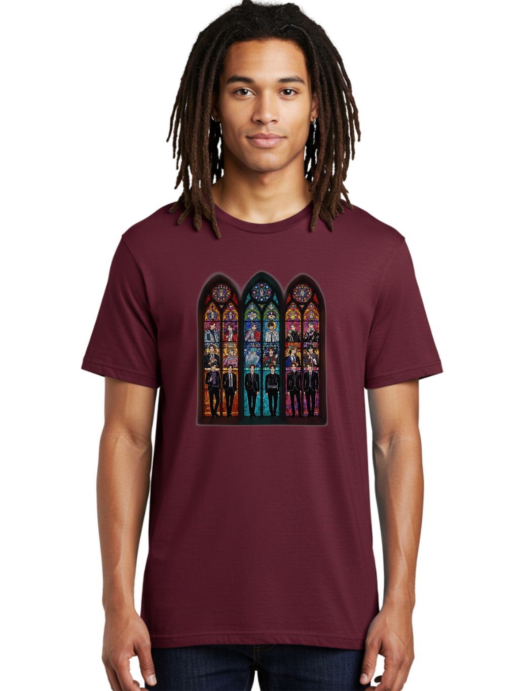 Bts-Stained-Glass Men'S Graphic Tee, 100% Cotton, Comfortable Casual Summer Wear, Machine Washable, Bts Members In Stained Glass, Vibrant Colors, Gothic Architecture, Religious Art, K-Pop, Boy Band, Stained Glass Window, Colorful Illustration, Bab698