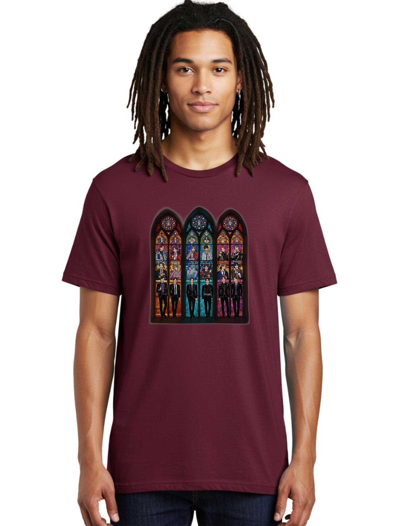 Bts-Stained-Glass Men'S Graphic Tee, 100% Cotton, Comfortable Casual Summer Wear, Machine Washable, Bts Members In Stained Glass, Vibrant Colors, Gothic Architecture, Religious Art, K-Pop, Boy Band, Stained Glass Window, Colorful Illustration, Bab698