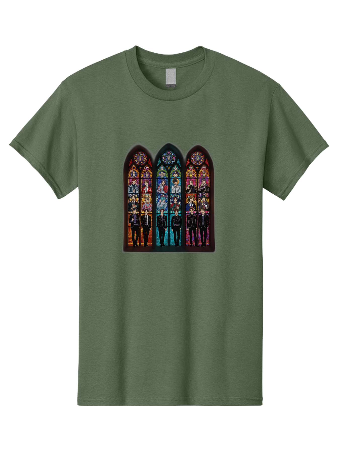 Bts-Stained-Glass Men'S Graphic Tee, 100% Cotton, Comfortable Casual Summer Wear, Machine Washable, Bts Members In Stained Glass, Vibrant Colors, Gothic Architecture, Religious Art, K-Pop, Boy Band, Stained Glass Window, Colorful Illustration, Bab698