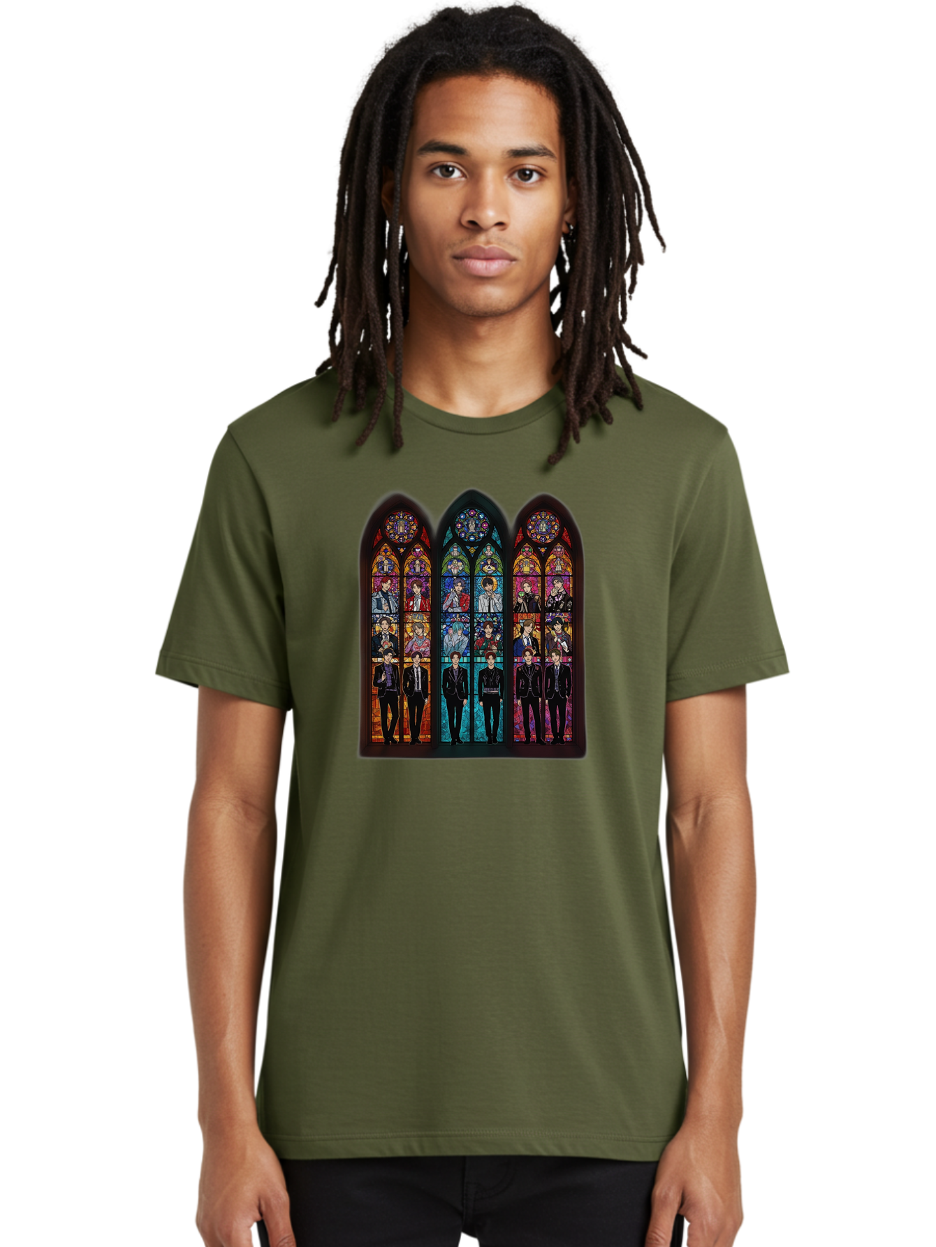 Bts-Stained-Glass Men'S Graphic Tee, 100% Cotton, Comfortable Casual Summer Wear, Machine Washable, Bts Members In Stained Glass, Vibrant Colors, Gothic Architecture, Religious Art, K-Pop, Boy Band, Stained Glass Window, Colorful Illustration, Bab698