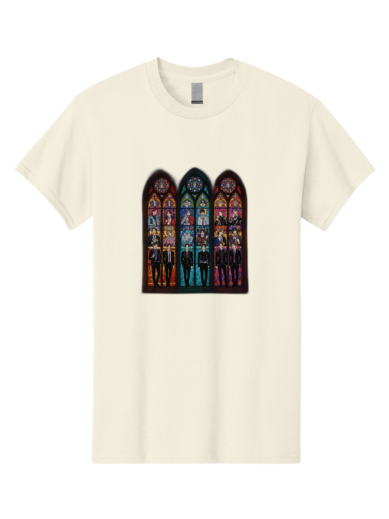 Bts-Stained-Glass Men'S Graphic Tee, 100% Cotton, Comfortable Casual Summer Wear, Machine Washable, Bts Members In Stained Glass, Vibrant Colors, Gothic Architecture, Religious Art, K-Pop, Boy Band, Stained Glass Window, Colorful Illustration, Bab698