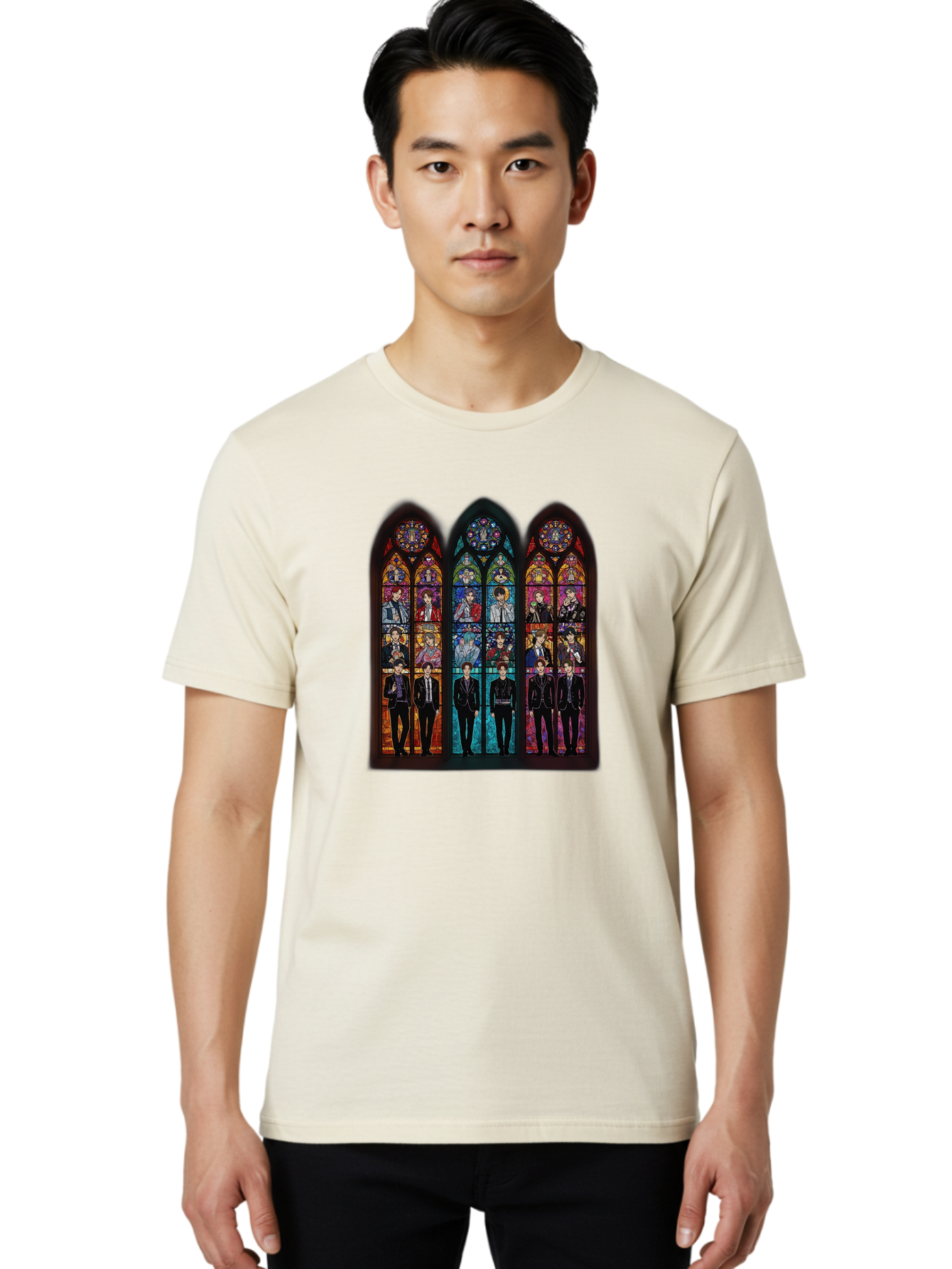 Bts-Stained-Glass Men'S Graphic Tee, 100% Cotton, Comfortable Casual Summer Wear, Machine Washable, Bts Members In Stained Glass, Vibrant Colors, Gothic Architecture, Religious Art, K-Pop, Boy Band, Stained Glass Window, Colorful Illustration, Bab698