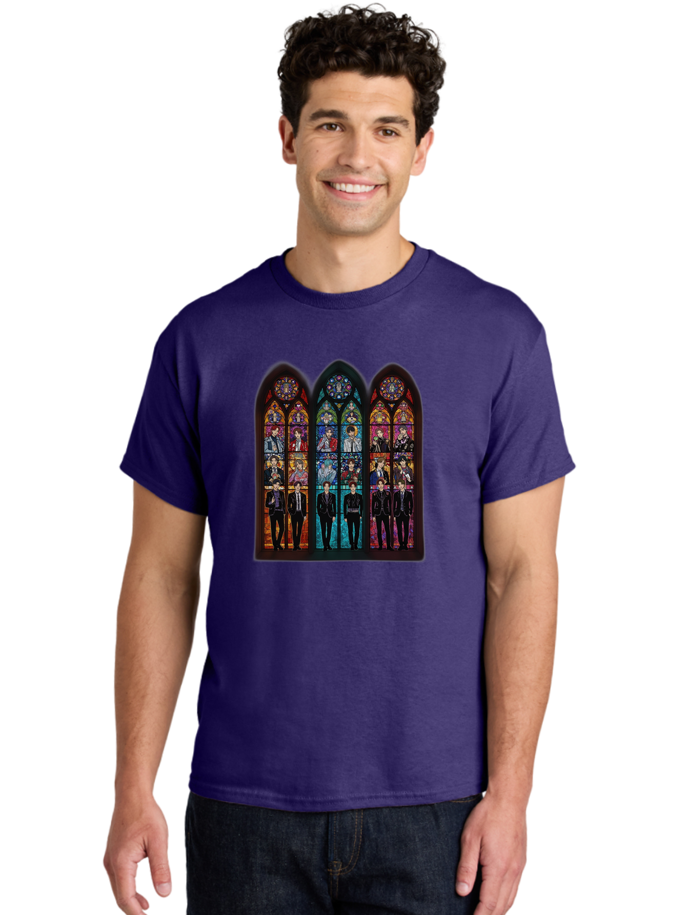 Bts-Stained-Glass Men'S Graphic Tee, 100% Cotton, Comfortable Casual Summer Wear, Machine Washable, Bts Members In Stained Glass, Vibrant Colors, Gothic Architecture, Religious Art, K-Pop, Boy Band, Stained Glass Window, Colorful Illustration, Bab698