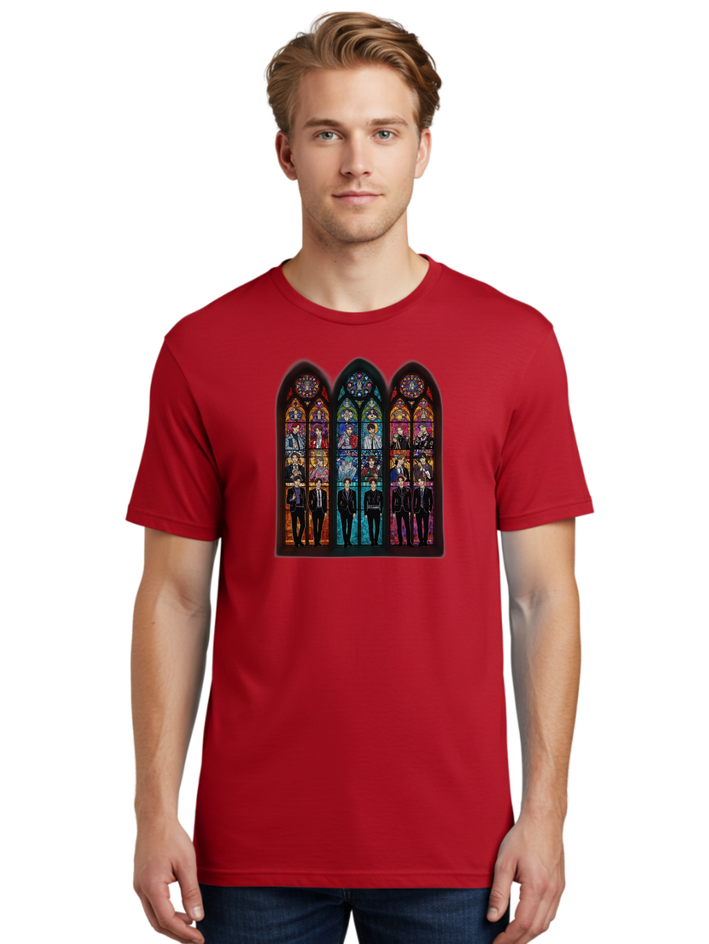 Bts-Stained-Glass Men'S Graphic Tee, 100% Cotton, Comfortable Casual Summer Wear, Machine Washable, Bts Members In Stained Glass, Vibrant Colors, Gothic Architecture, Religious Art, K-Pop, Boy Band, Stained Glass Window, Colorful Illustration, Bab698
