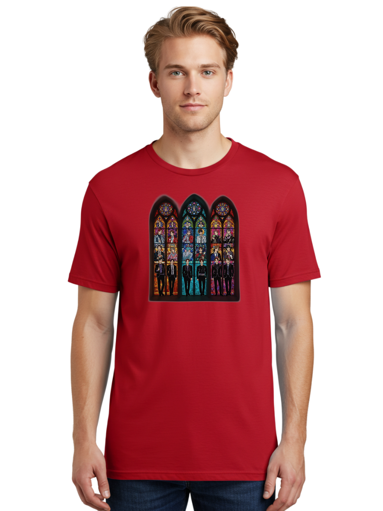 Bts-Stained-Glass Men'S Graphic Tee, 100% Cotton, Comfortable Casual Summer Wear, Machine Washable, Bts Members In Stained Glass, Vibrant Colors, Gothic Architecture, Religious Art, K-Pop, Boy Band, Stained Glass Window, Colorful Illustration, Bab698