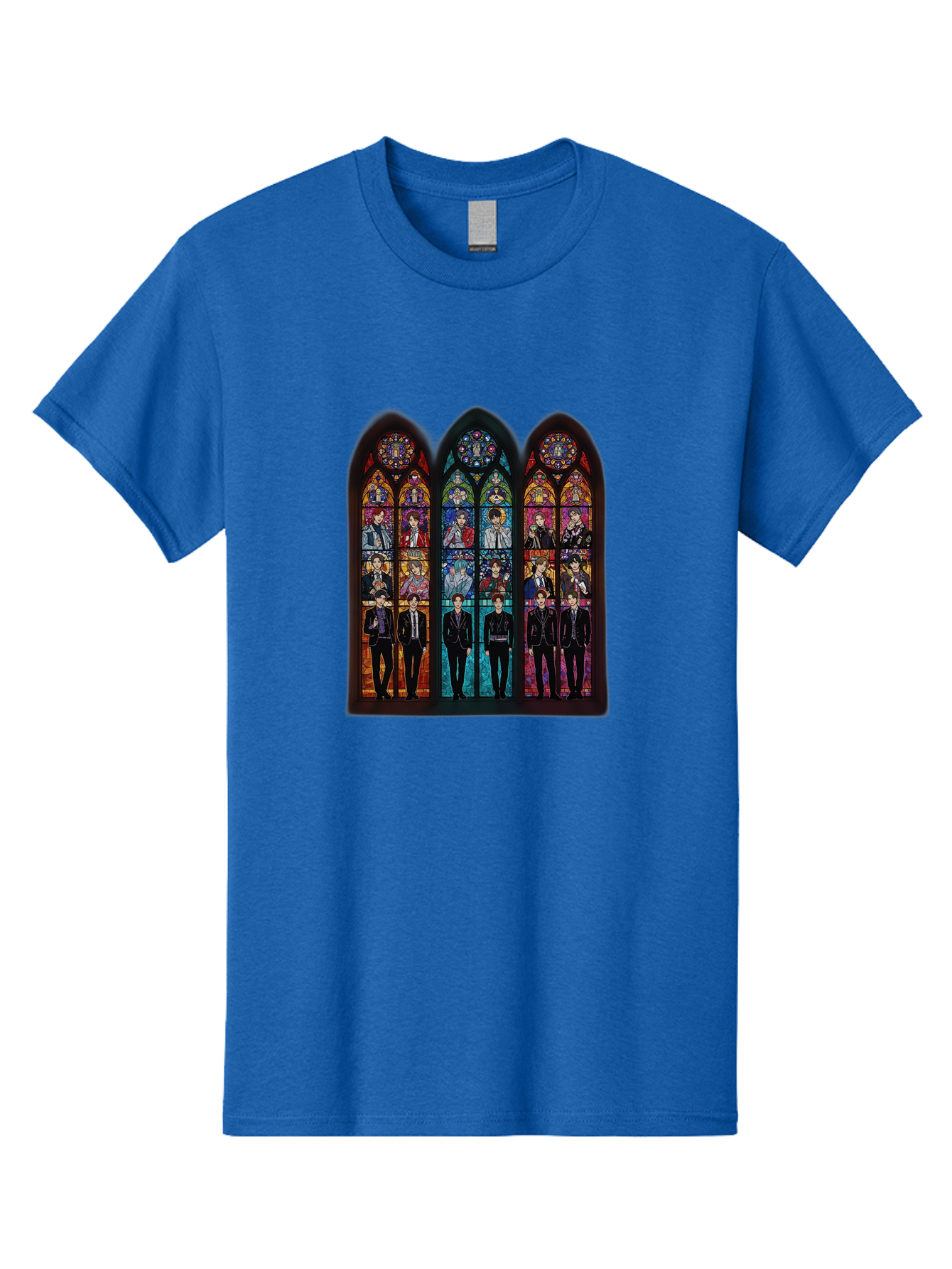Bts-Stained-Glass Men'S Graphic Tee, 100% Cotton, Comfortable Casual Summer Wear, Machine Washable, Bts Members In Stained Glass, Vibrant Colors, Gothic Architecture, Religious Art, K-Pop, Boy Band, Stained Glass Window, Colorful Illustration, Bab698
