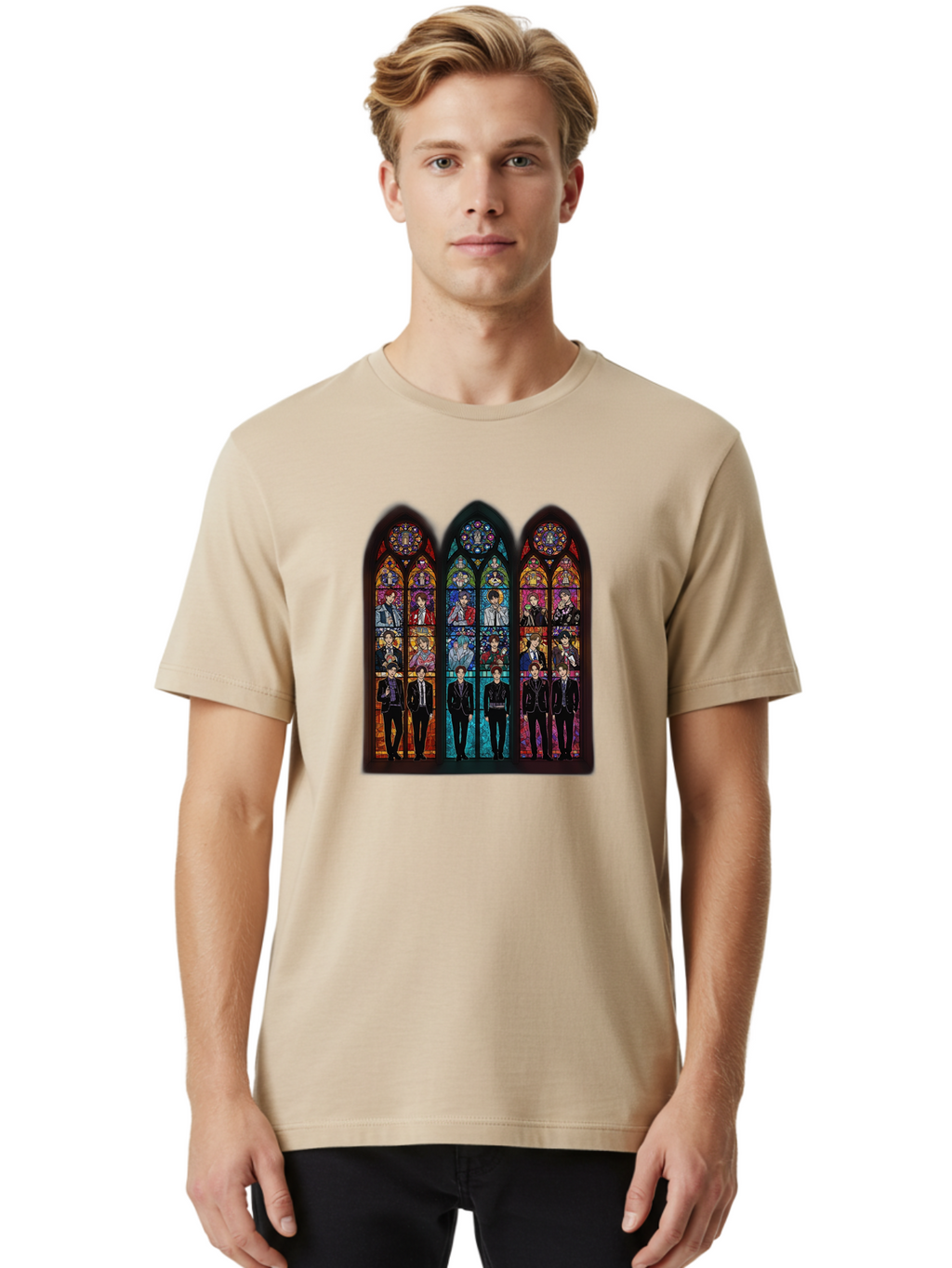 Bts-Stained-Glass Men'S Graphic Tee, 100% Cotton, Comfortable Casual Summer Wear, Machine Washable, Bts Members In Stained Glass, Vibrant Colors, Gothic Architecture, Religious Art, K-Pop, Boy Band, Stained Glass Window, Colorful Illustration, Bab698