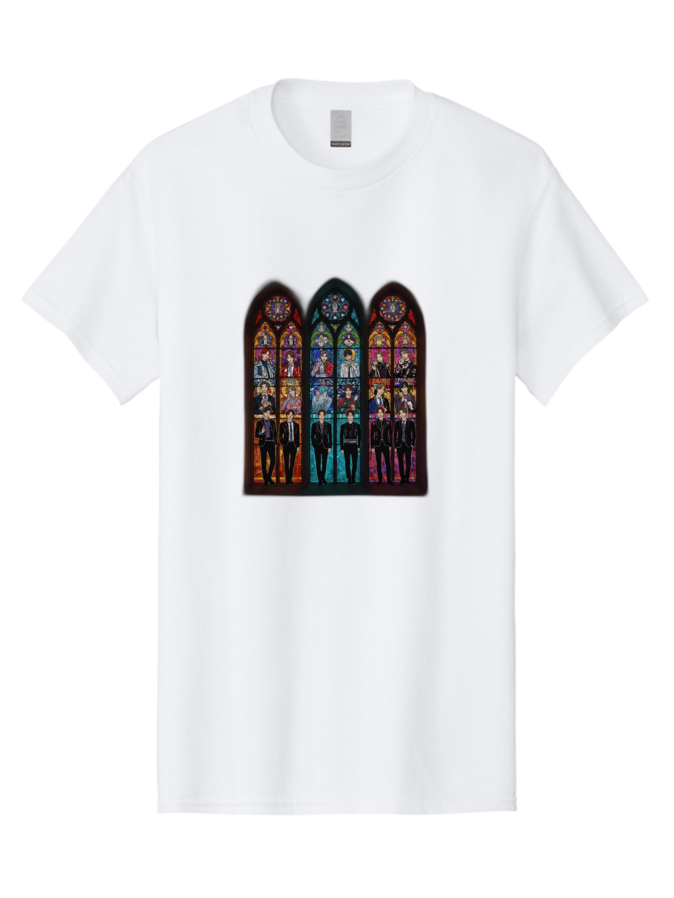 Bts-Stained-Glass Men'S Graphic Tee, 100% Cotton, Comfortable Casual Summer Wear, Machine Washable, Bts Members In Stained Glass, Vibrant Colors, Gothic Architecture, Religious Art, K-Pop, Boy Band, Stained Glass Window, Colorful Illustration, Bab698