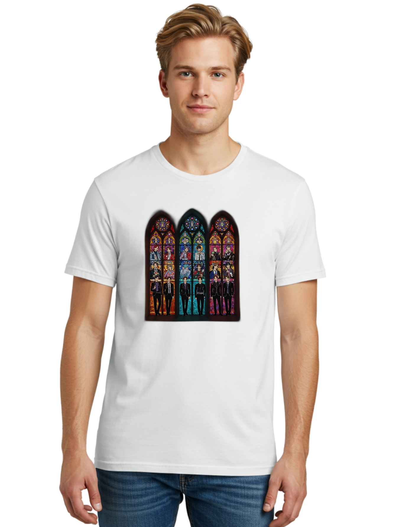 Bts-Stained-Glass Men'S Graphic Tee, 100% Cotton, Comfortable Casual Summer Wear, Machine Washable, Bts Members In Stained Glass, Vibrant Colors, Gothic Architecture, Religious Art, K-Pop, Boy Band, Stained Glass Window, Colorful Illustration, Bab698