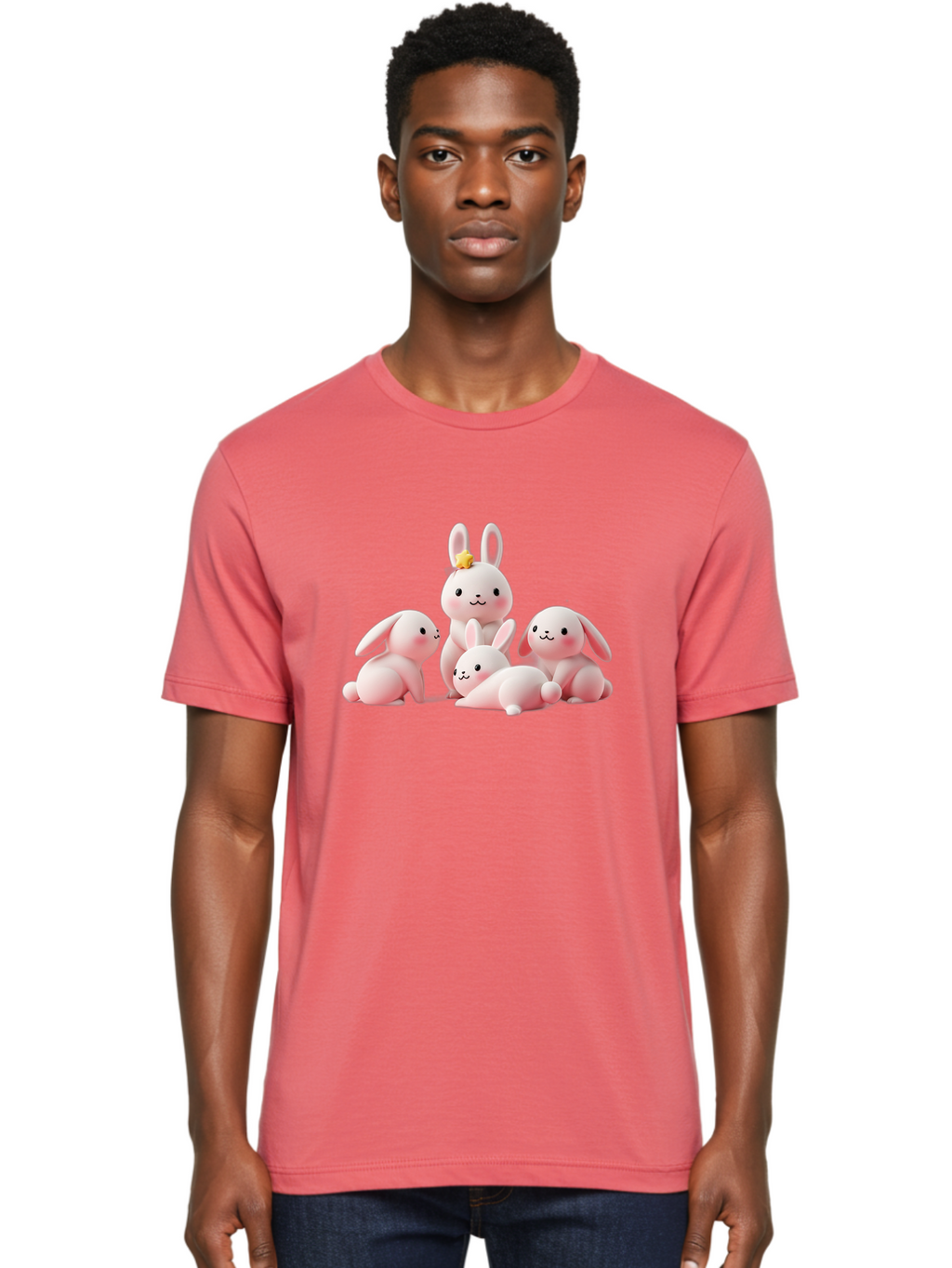 Bunnies Men'S Graphic Tee, 100% Cotton, Comfortable Casual Summer Wear, Machine Washable, Pink Bunnies, Cute Cartoon Rabbits, Adorable Creatures, Playful Animals, Smiling Faces, Rabbit Family, Pastel Colors, Easter Theme Bab699