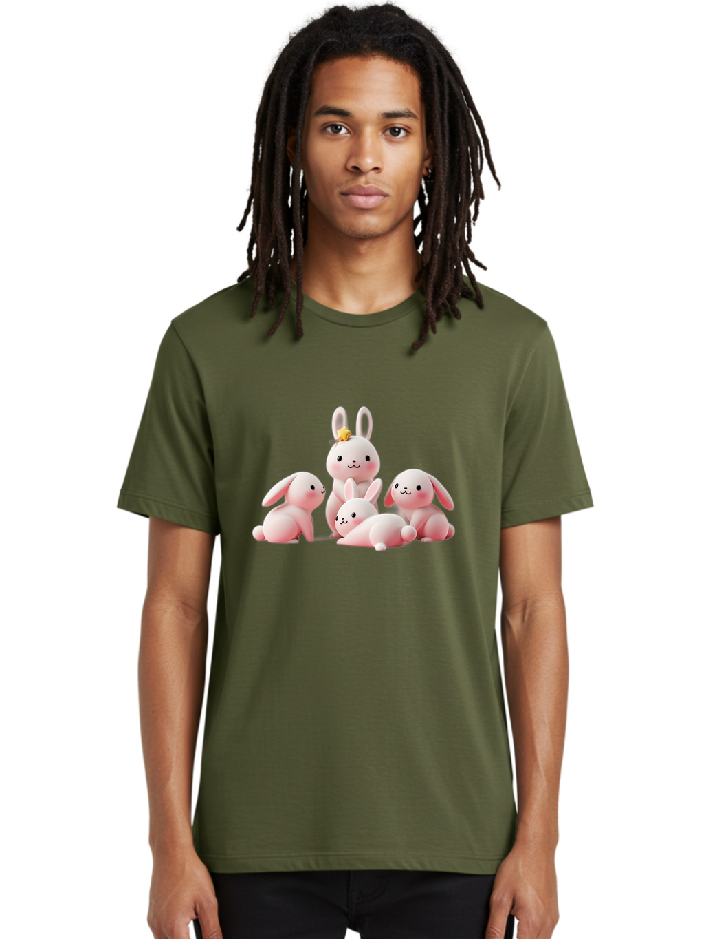 Bunnies Men'S Graphic Tee, 100% Cotton, Comfortable Casual Summer Wear, Machine Washable, Pink Bunnies, Cute Cartoon Rabbits, Adorable Creatures, Playful Animals, Smiling Faces, Rabbit Family, Pastel Colors, Easter Theme Bab699