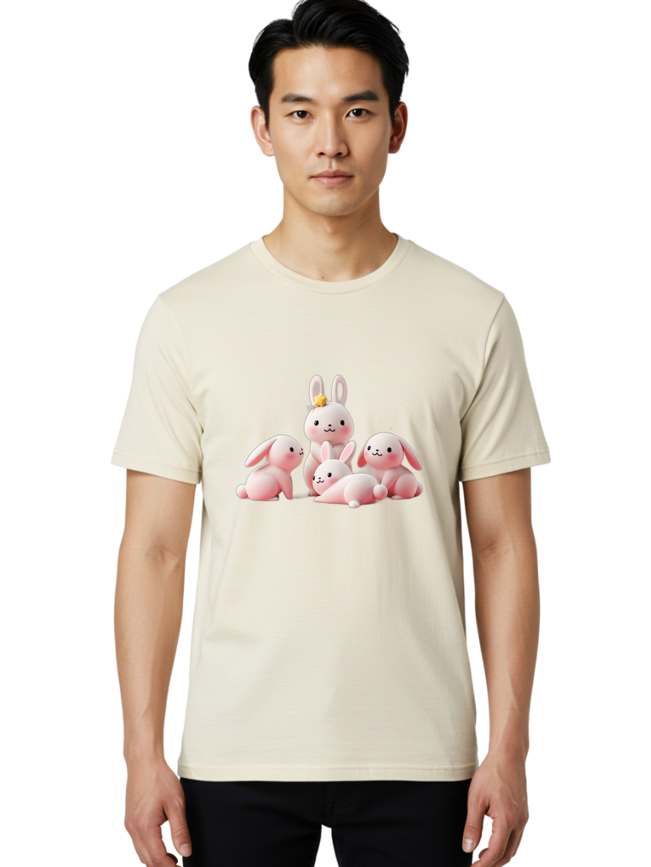Bunnies Men'S Graphic Tee, 100% Cotton, Comfortable Casual Summer Wear, Machine Washable, Pink Bunnies, Cute Cartoon Rabbits, Adorable Creatures, Playful Animals, Smiling Faces, Rabbit Family, Pastel Colors, Easter Theme Bab699