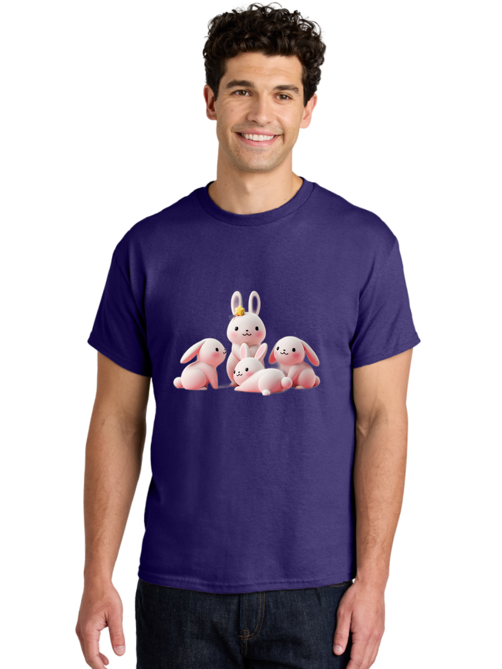 Bunnies Men'S Graphic Tee, 100% Cotton, Comfortable Casual Summer Wear, Machine Washable, Pink Bunnies, Cute Cartoon Rabbits, Adorable Creatures, Playful Animals, Smiling Faces, Rabbit Family, Pastel Colors, Easter Theme Bab699