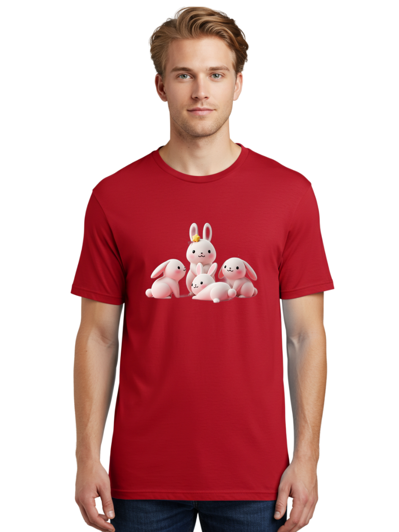 Bunnies Men'S Graphic Tee, 100% Cotton, Comfortable Casual Summer Wear, Machine Washable, Pink Bunnies, Cute Cartoon Rabbits, Adorable Creatures, Playful Animals, Smiling Faces, Rabbit Family, Pastel Colors, Easter Theme Bab699