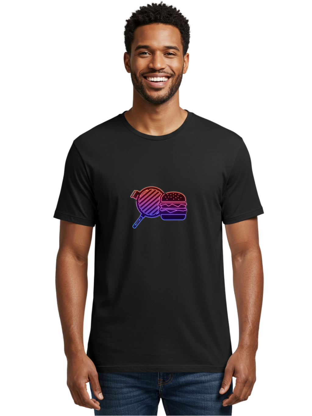 Burger-And-Spatula Men'S Graphic Tee, 100% Cotton, Comfortable Casual Summer Wear, Machine Washable, Hamburger, Grilled Food, Fast Food, Neon Sign, Purple Gradient, Burger Illustration, Cooking Utensil, Spatula Bab700