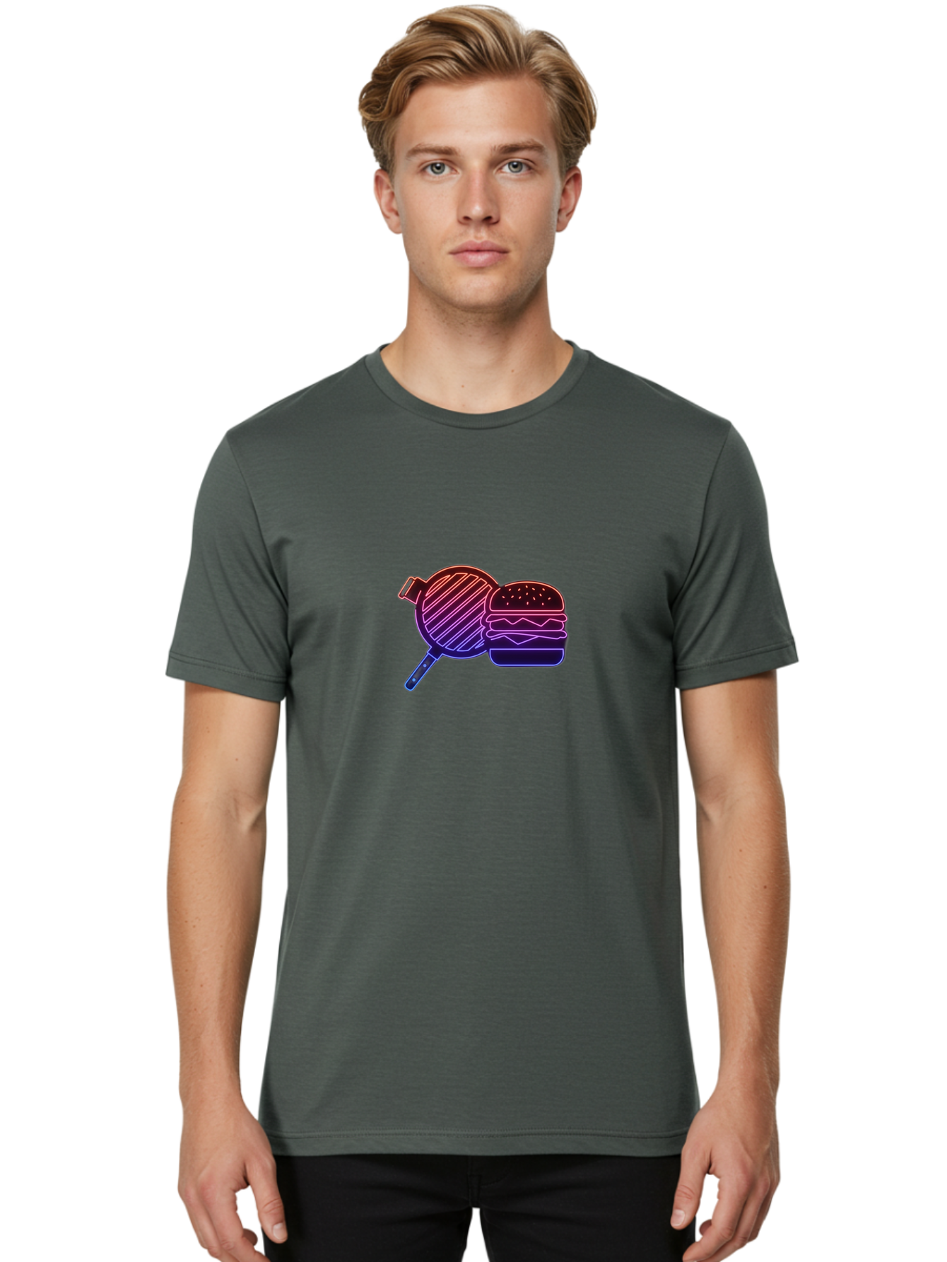 Burger-And-Spatula Men'S Graphic Tee, 100% Cotton, Comfortable Casual Summer Wear, Machine Washable, Hamburger, Grilled Food, Fast Food, Neon Sign, Purple Gradient, Burger Illustration, Cooking Utensil, Spatula Bab700