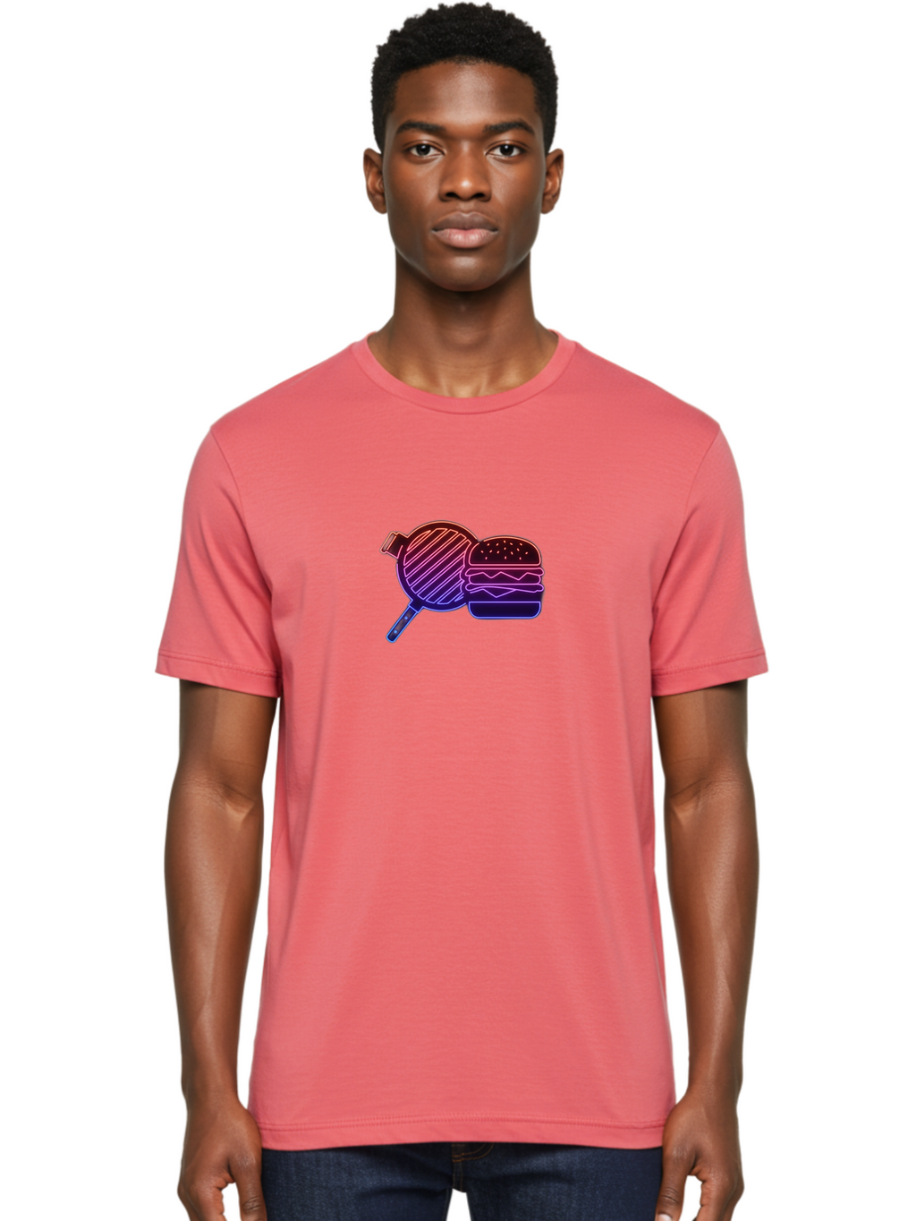 Burger-And-Spatula Men'S Graphic Tee, 100% Cotton, Comfortable Casual Summer Wear, Machine Washable, Hamburger, Grilled Food, Fast Food, Neon Sign, Purple Gradient, Burger Illustration, Cooking Utensil, Spatula Bab700