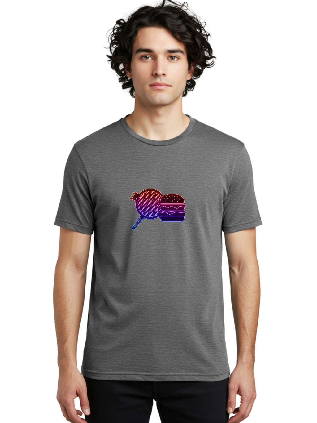 Burger-And-Spatula Men'S Graphic Tee, 100% Cotton, Comfortable Casual Summer Wear, Machine Washable, Hamburger, Grilled Food, Fast Food, Neon Sign, Purple Gradient, Burger Illustration, Cooking Utensil, Spatula Bab700