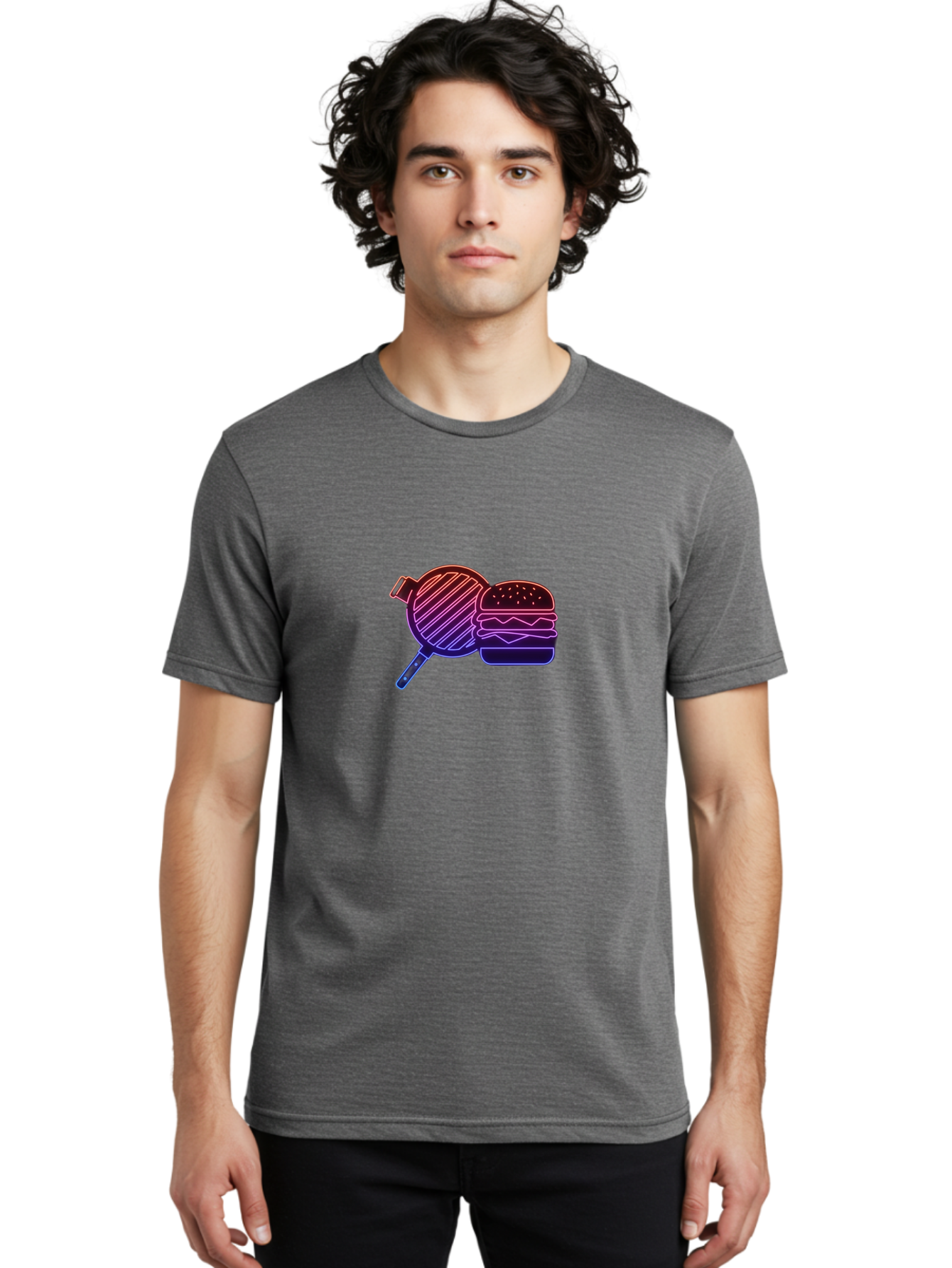 Burger-And-Spatula Men'S Graphic Tee, 100% Cotton, Comfortable Casual Summer Wear, Machine Washable, Hamburger, Grilled Food, Fast Food, Neon Sign, Purple Gradient, Burger Illustration, Cooking Utensil, Spatula Bab700