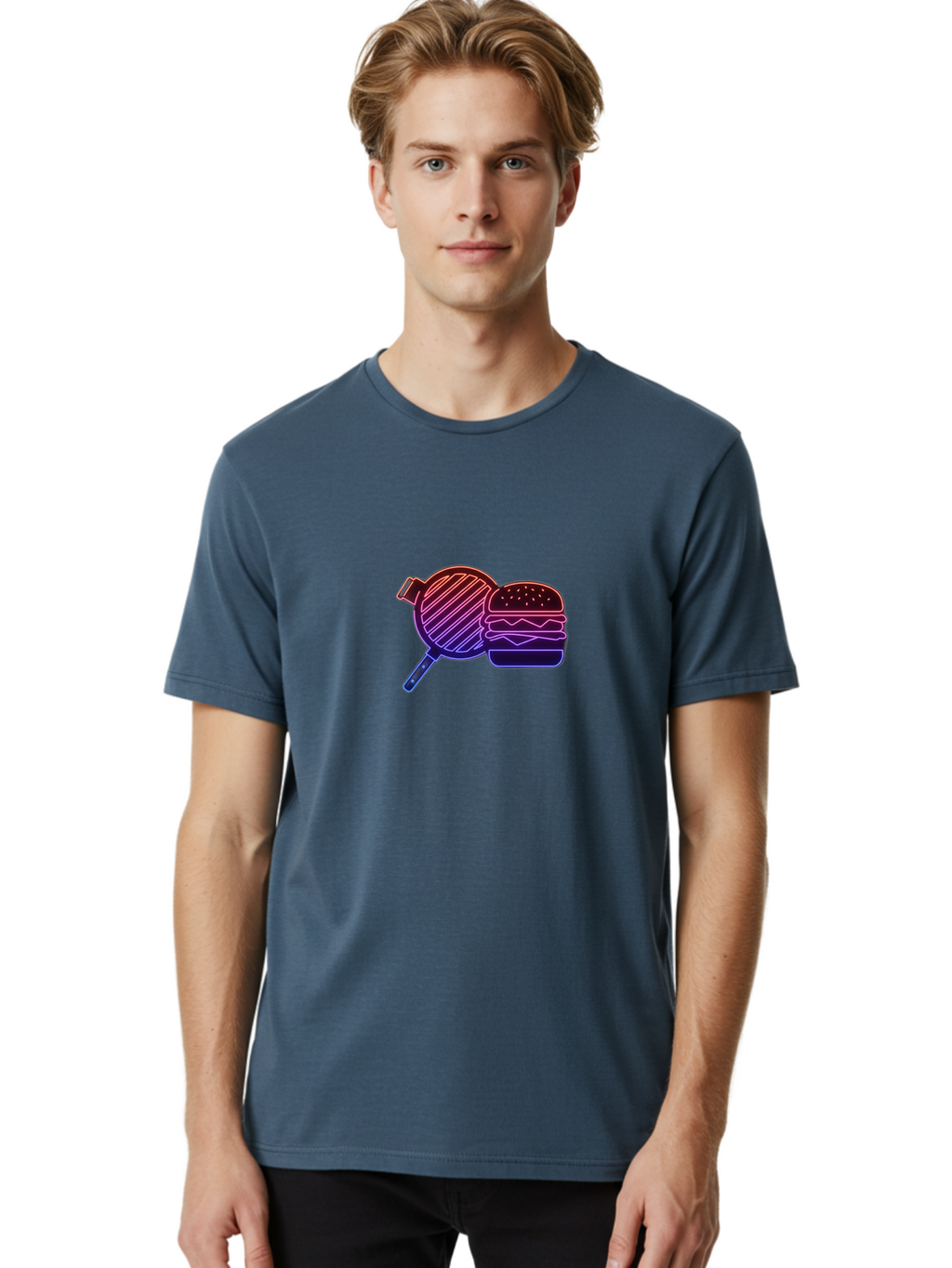 Burger-And-Spatula Men'S Graphic Tee, 100% Cotton, Comfortable Casual Summer Wear, Machine Washable, Hamburger, Grilled Food, Fast Food, Neon Sign, Purple Gradient, Burger Illustration, Cooking Utensil, Spatula Bab700
