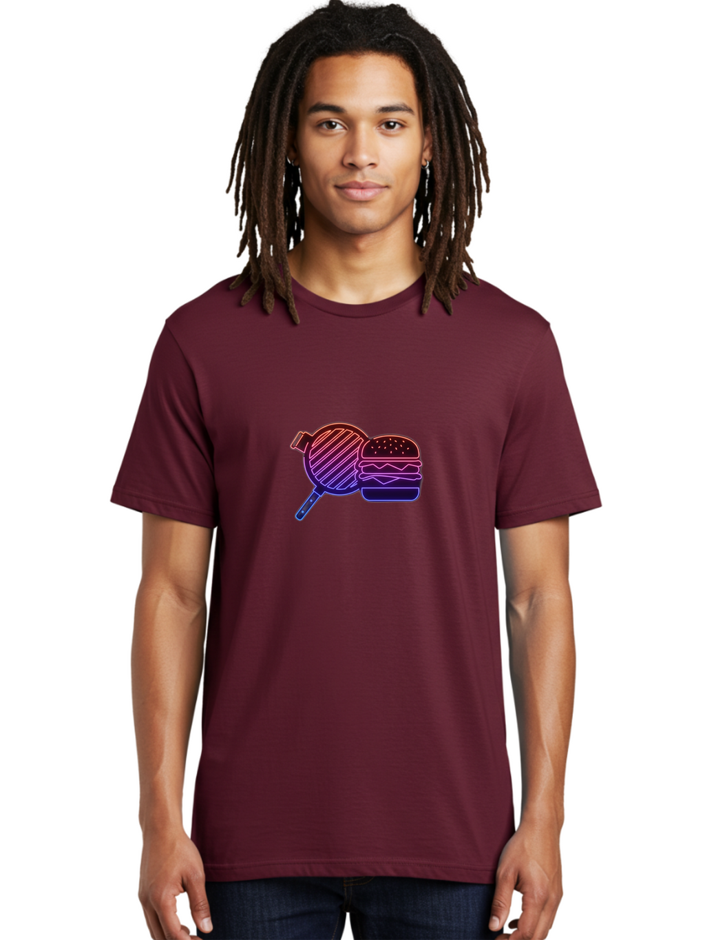 Burger-And-Spatula Men'S Graphic Tee, 100% Cotton, Comfortable Casual Summer Wear, Machine Washable, Hamburger, Grilled Food, Fast Food, Neon Sign, Purple Gradient, Burger Illustration, Cooking Utensil, Spatula Bab700