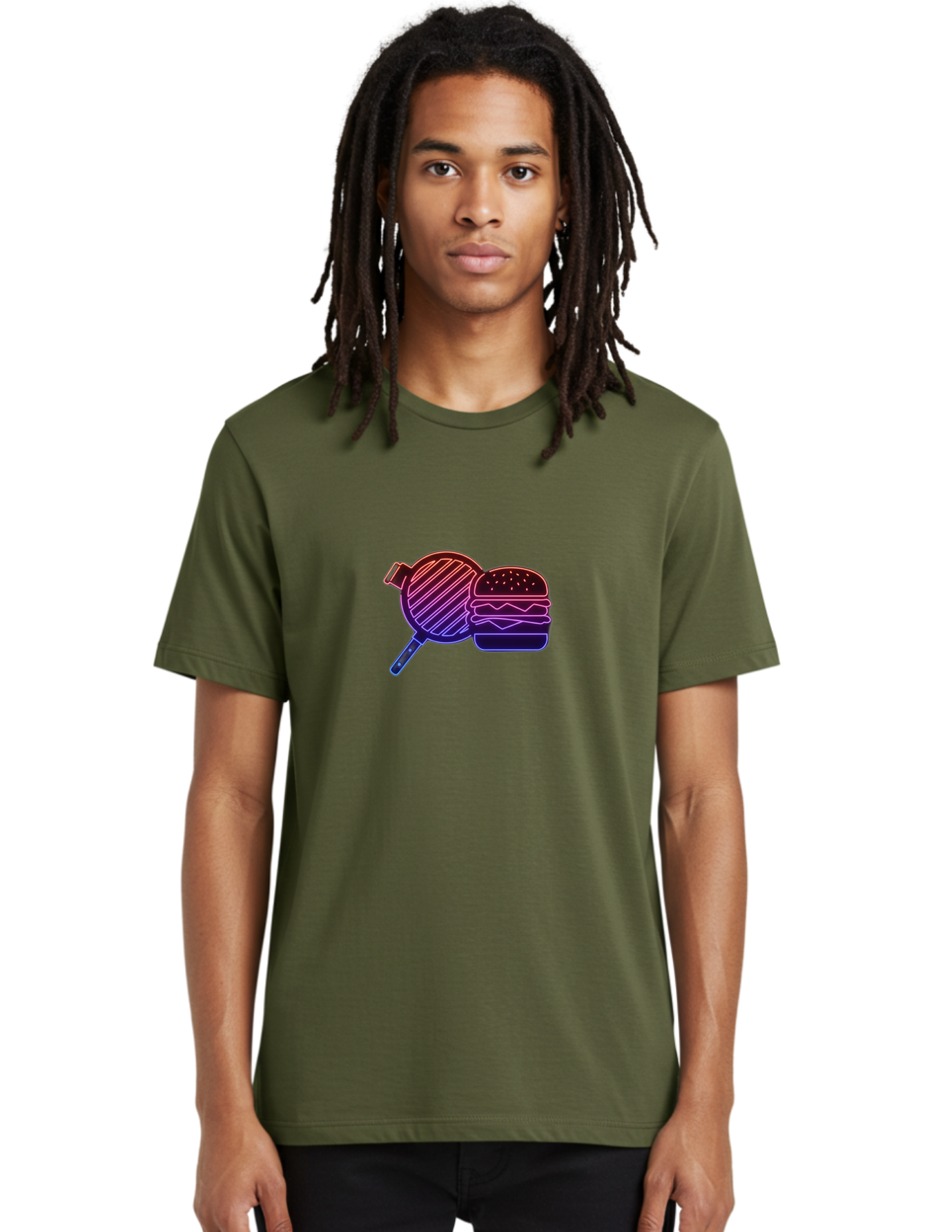 Burger-And-Spatula Men'S Graphic Tee, 100% Cotton, Comfortable Casual Summer Wear, Machine Washable, Hamburger, Grilled Food, Fast Food, Neon Sign, Purple Gradient, Burger Illustration, Cooking Utensil, Spatula Bab700