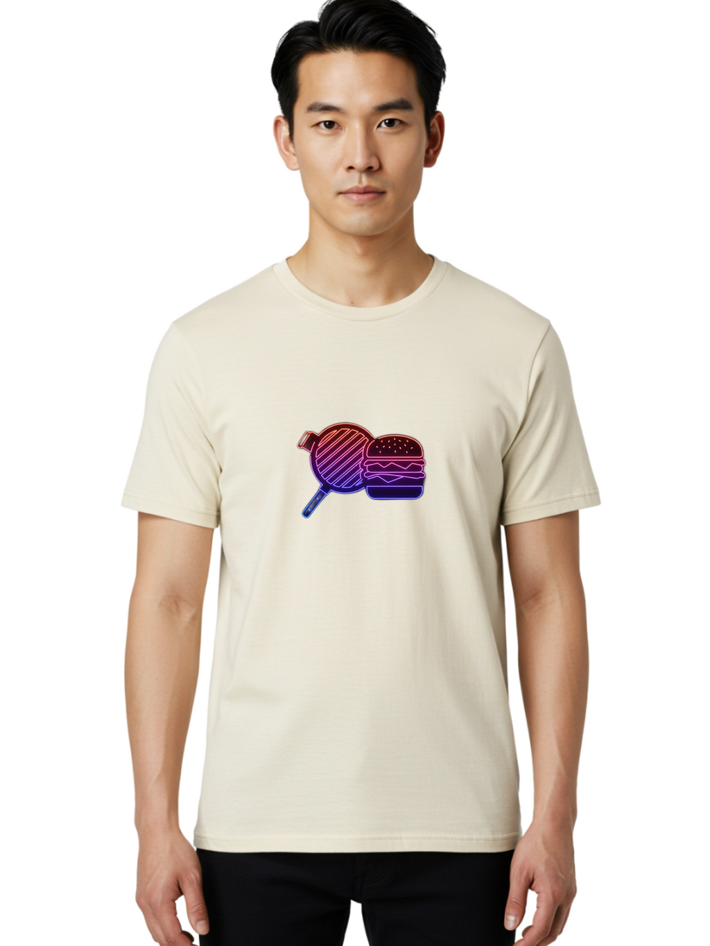Burger-And-Spatula Men'S Graphic Tee, 100% Cotton, Comfortable Casual Summer Wear, Machine Washable, Hamburger, Grilled Food, Fast Food, Neon Sign, Purple Gradient, Burger Illustration, Cooking Utensil, Spatula Bab700