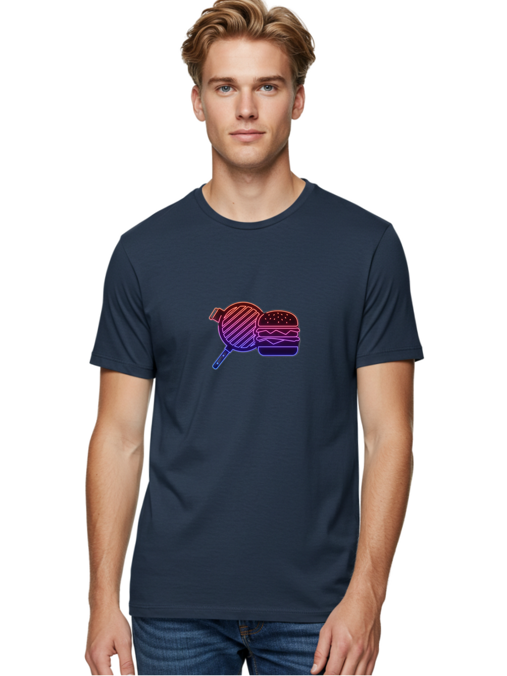 Burger-And-Spatula Men'S Graphic Tee, 100% Cotton, Comfortable Casual Summer Wear, Machine Washable, Hamburger, Grilled Food, Fast Food, Neon Sign, Purple Gradient, Burger Illustration, Cooking Utensil, Spatula Bab700