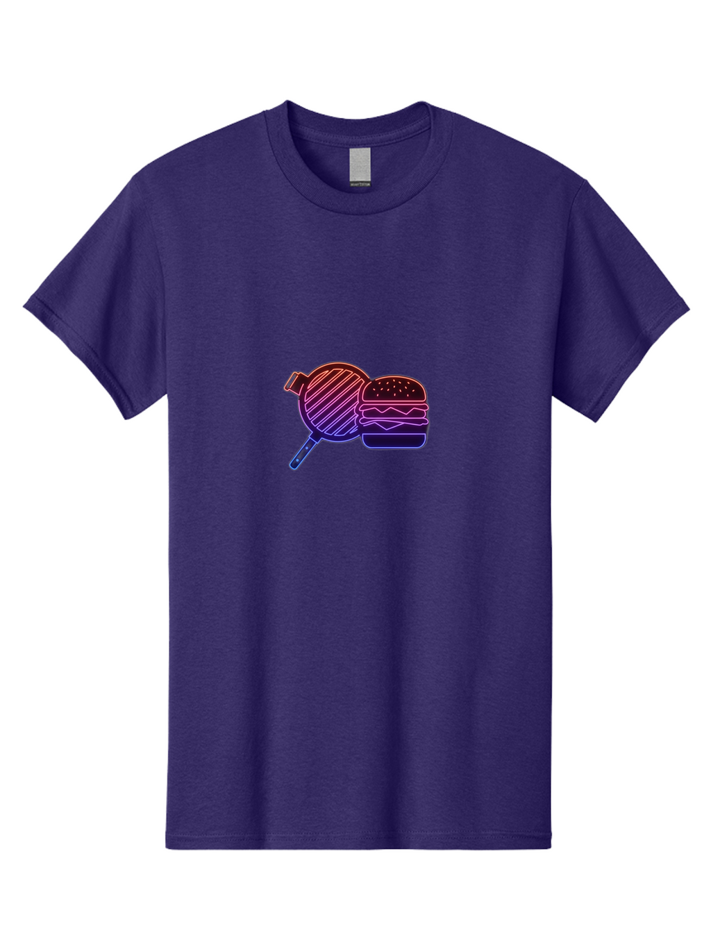 Burger-And-Spatula Men'S Graphic Tee, 100% Cotton, Comfortable Casual Summer Wear, Machine Washable, Hamburger, Grilled Food, Fast Food, Neon Sign, Purple Gradient, Burger Illustration, Cooking Utensil, Spatula Bab700