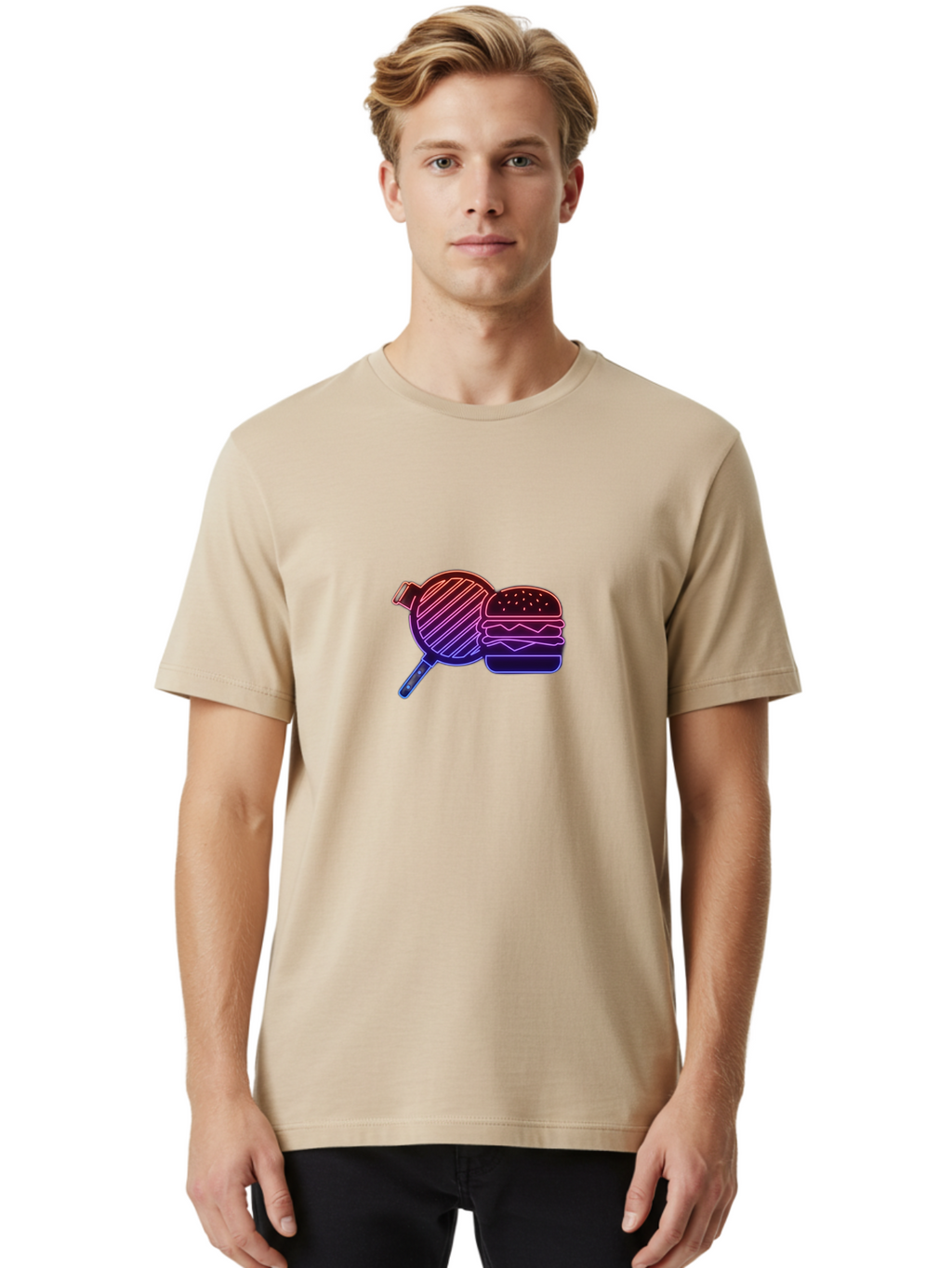 Burger-And-Spatula Men'S Graphic Tee, 100% Cotton, Comfortable Casual Summer Wear, Machine Washable, Hamburger, Grilled Food, Fast Food, Neon Sign, Purple Gradient, Burger Illustration, Cooking Utensil, Spatula Bab700