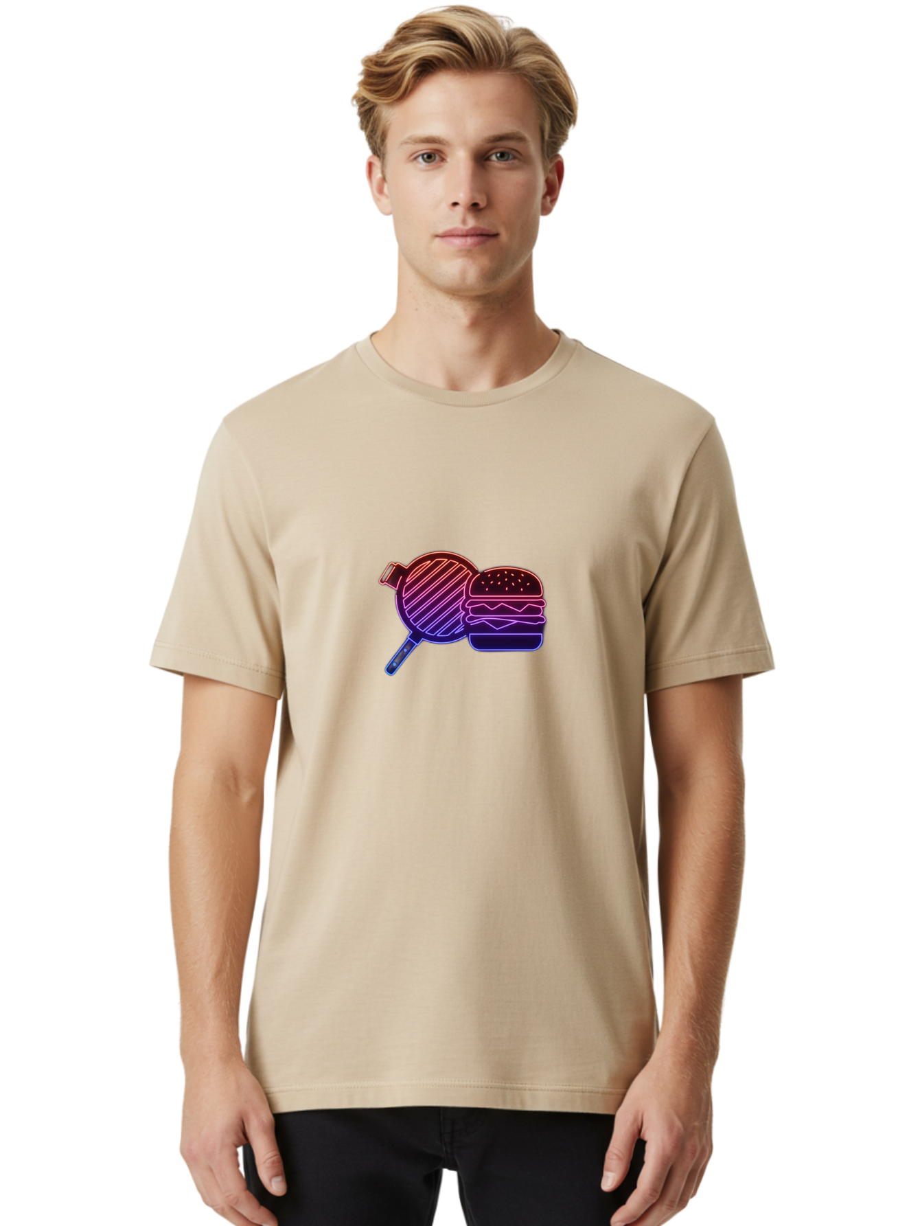 Burger-And-Spatula Men'S Graphic Tee, 100% Cotton, Comfortable Casual Summer Wear, Machine Washable, Hamburger, Grilled Food, Fast Food, Neon Sign, Purple Gradient, Burger Illustration, Cooking Utensil, Spatula Bab700