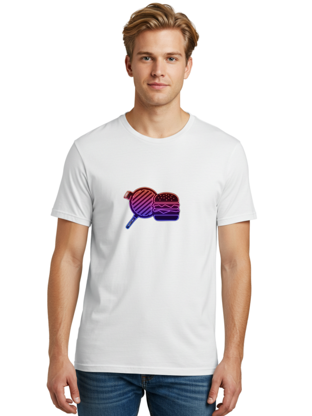 Burger-And-Spatula Men'S Graphic Tee, 100% Cotton, Comfortable Casual Summer Wear, Machine Washable, Hamburger, Grilled Food, Fast Food, Neon Sign, Purple Gradient, Burger Illustration, Cooking Utensil, Spatula Bab700