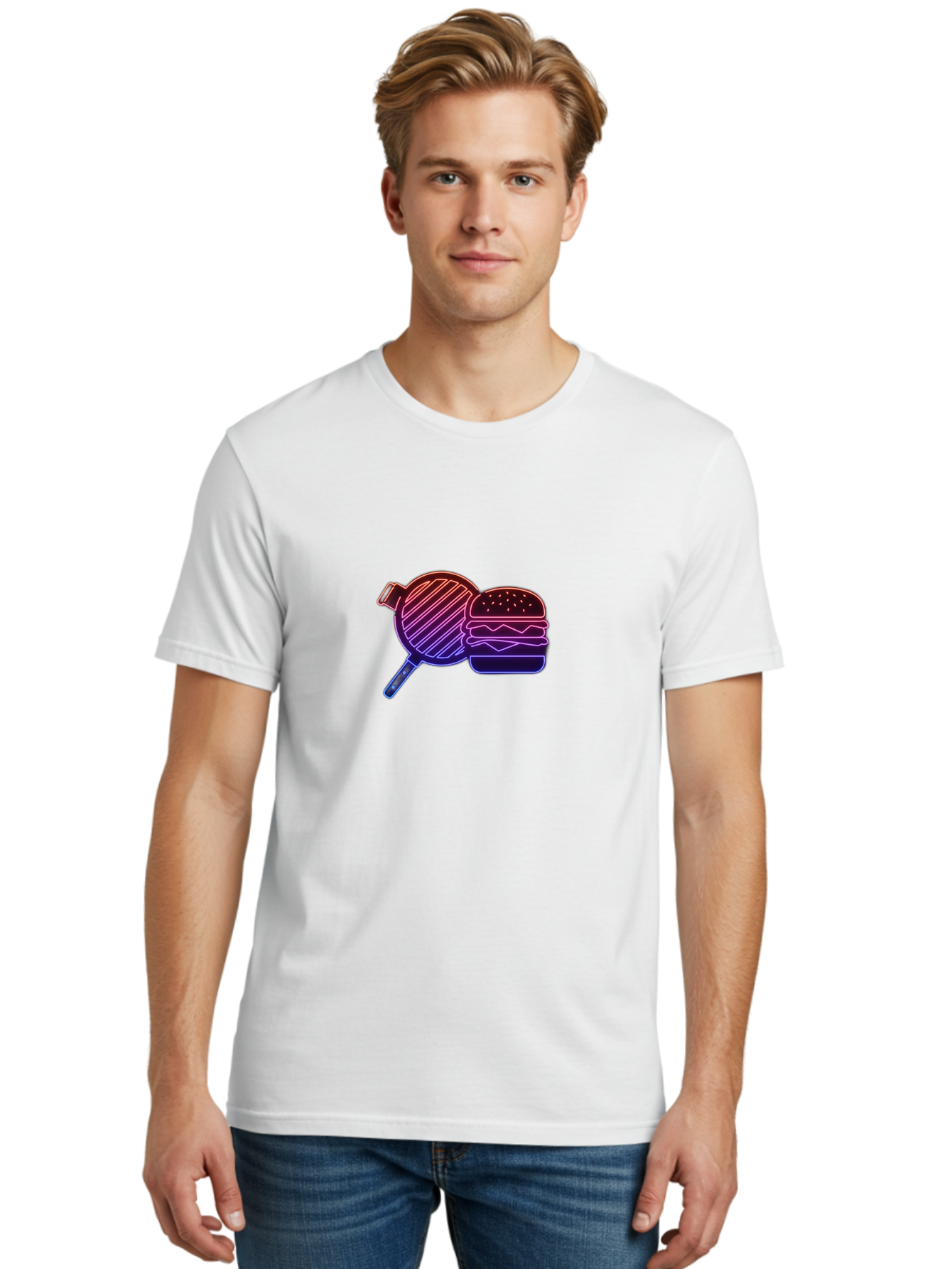 Burger-And-Spatula Men'S Graphic Tee, 100% Cotton, Comfortable Casual Summer Wear, Machine Washable, Hamburger, Grilled Food, Fast Food, Neon Sign, Purple Gradient, Burger Illustration, Cooking Utensil, Spatula Bab700