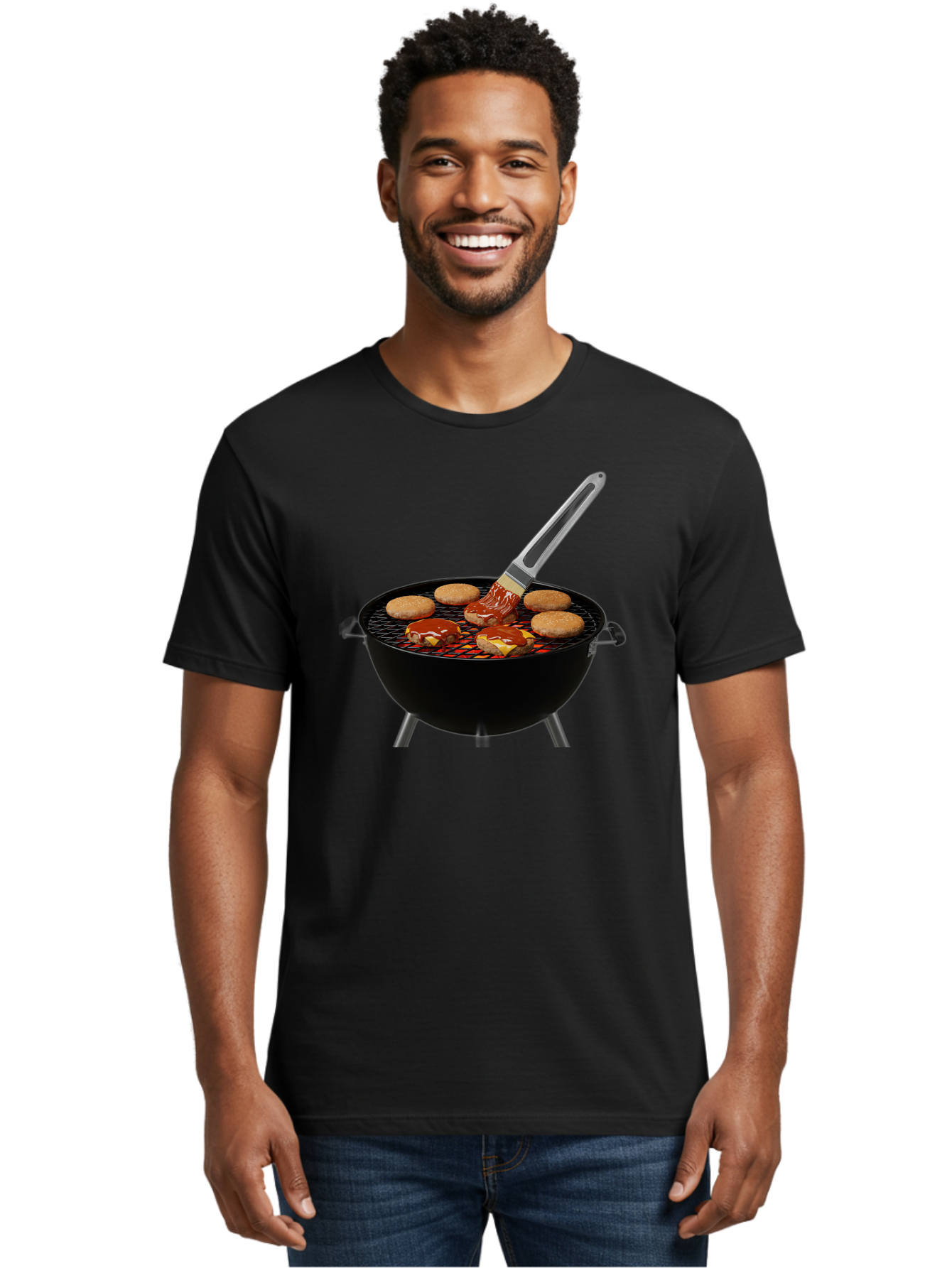 Burger-On-Grill Men'S Graphic Tee, 100% Cotton, Comfortable Casual Summer Wear, Machine Washable, Grilled Burgers, Bbq Sauce, Barbecue Brush, Outdoor Cooking, Grill Marks, Gourmet Burgers, Delicious Food, Appetizing Meal, Summer Grilling Bab701