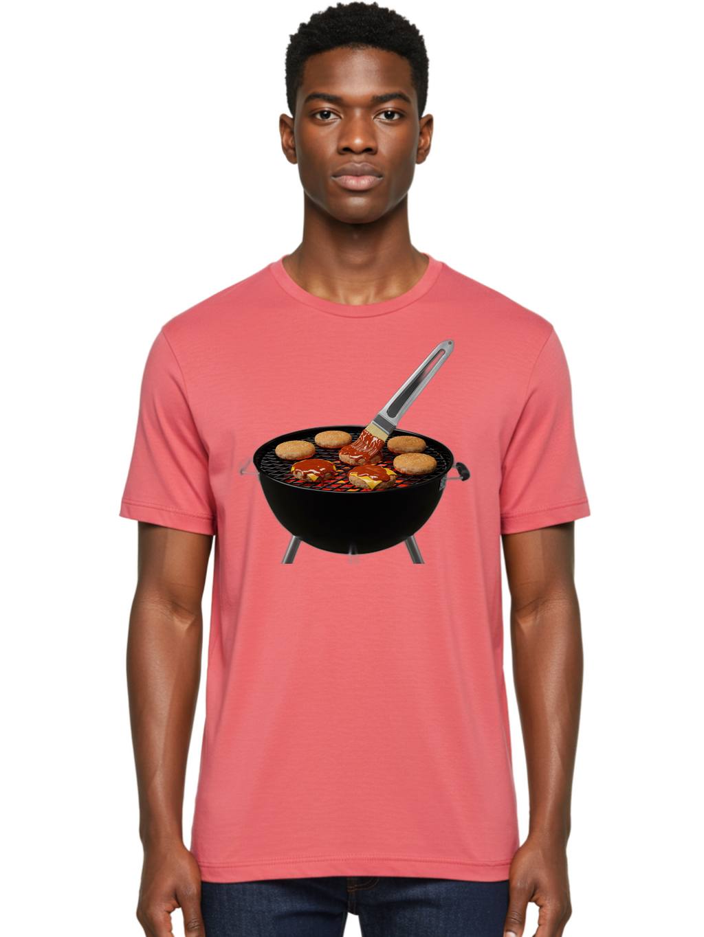Burger-On-Grill Men'S Graphic Tee, 100% Cotton, Comfortable Casual Summer Wear, Machine Washable, Grilled Burgers, Bbq Sauce, Barbecue Brush, Outdoor Cooking, Grill Marks, Gourmet Burgers, Delicious Food, Appetizing Meal, Summer Grilling Bab701