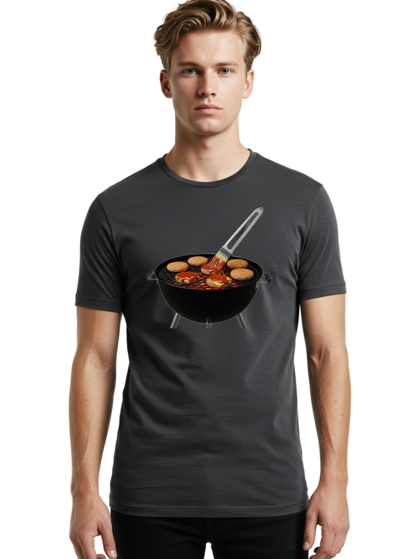 Burger-On-Grill Men'S Graphic Tee, 100% Cotton, Comfortable Casual Summer Wear, Machine Washable, Grilled Burgers, Bbq Sauce, Barbecue Brush, Outdoor Cooking, Grill Marks, Gourmet Burgers, Delicious Food, Appetizing Meal, Summer Grilling Bab701