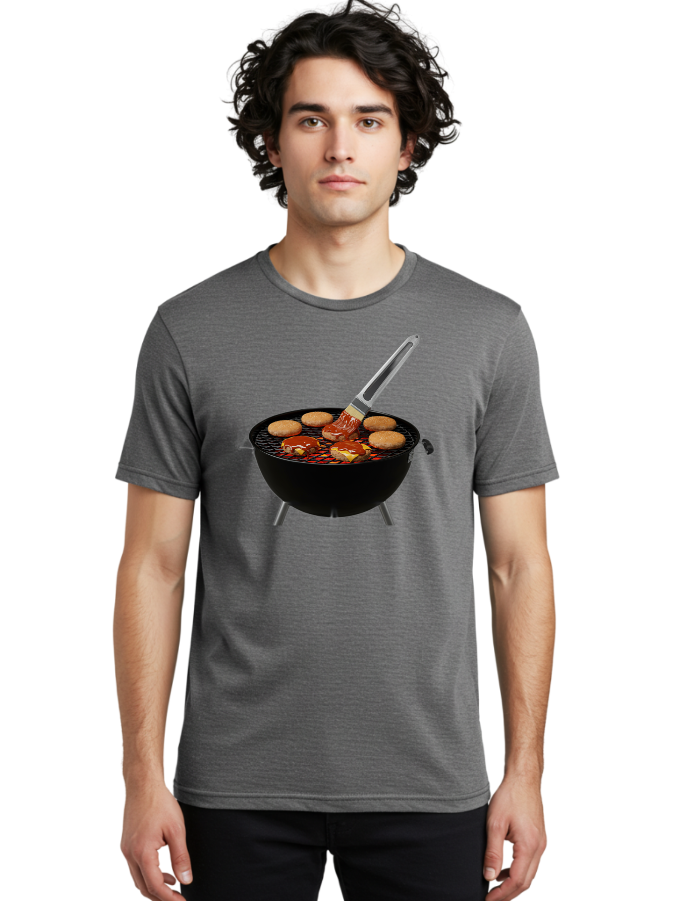 Burger-On-Grill Men'S Graphic Tee, 100% Cotton, Comfortable Casual Summer Wear, Machine Washable, Grilled Burgers, Bbq Sauce, Barbecue Brush, Outdoor Cooking, Grill Marks, Gourmet Burgers, Delicious Food, Appetizing Meal, Summer Grilling Bab701