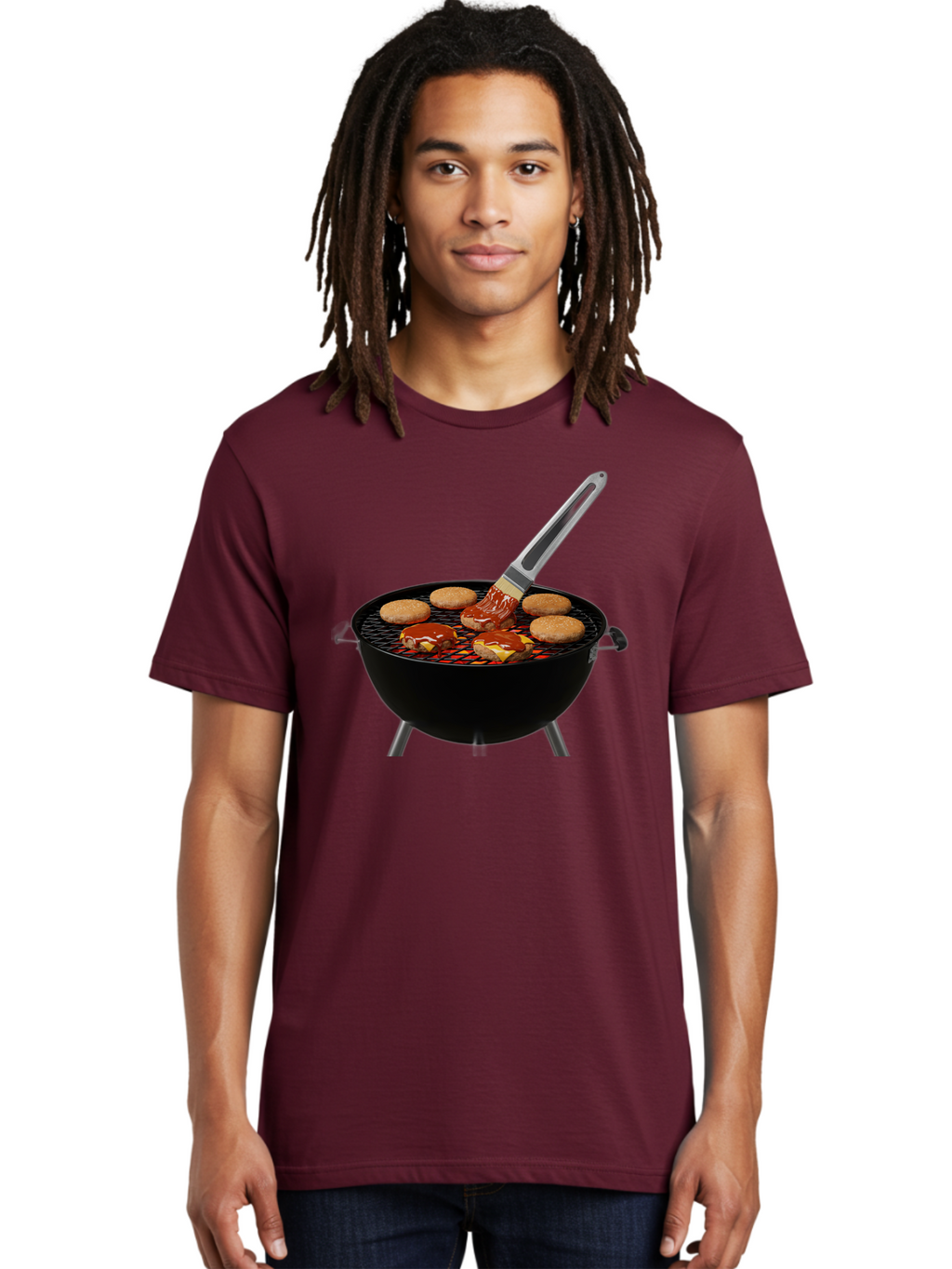 Burger-On-Grill Men'S Graphic Tee, 100% Cotton, Comfortable Casual Summer Wear, Machine Washable, Grilled Burgers, Bbq Sauce, Barbecue Brush, Outdoor Cooking, Grill Marks, Gourmet Burgers, Delicious Food, Appetizing Meal, Summer Grilling Bab701